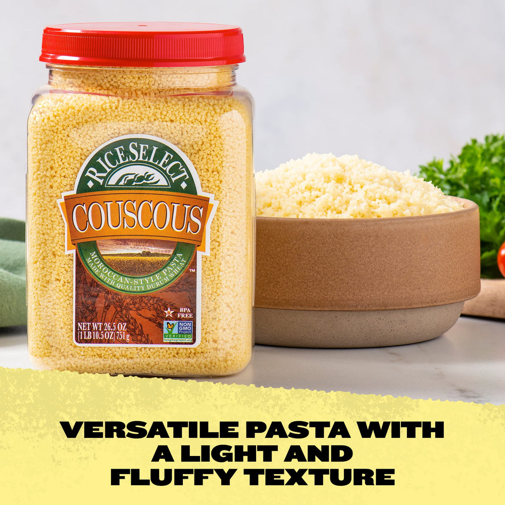 RiceSelect couscous pasta salad showcasing versatile, fresh Mediterranean inspired dish