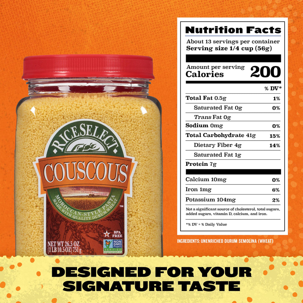RiceSelect couscous steaming bowl suggesting quick weeknight side with flavor absorption