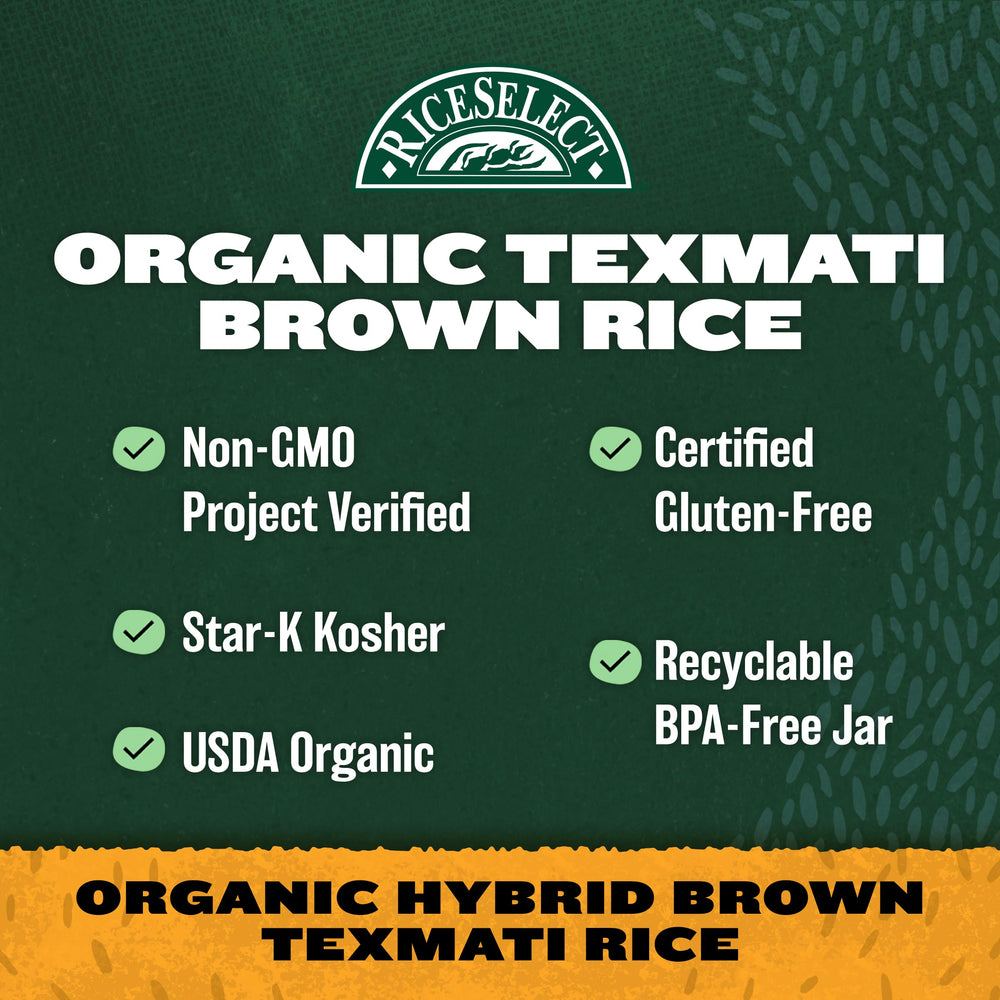 Packaging of RiceSelect Organic Texmati Brown Rice in recyclable BPA-free jar.