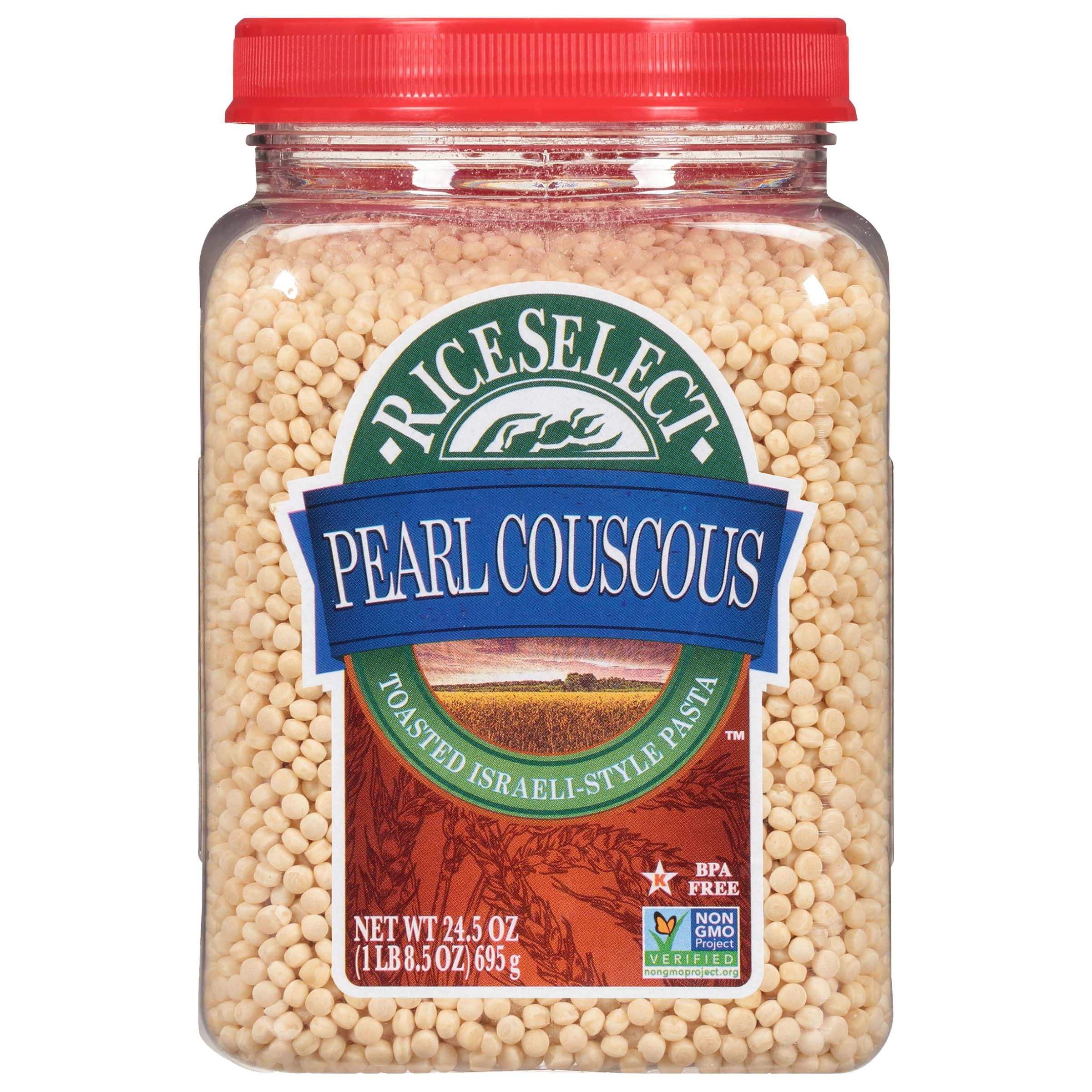 RiceSelect Pearl Couscous jar, premium Israeli pearls ready to cook for quick meals