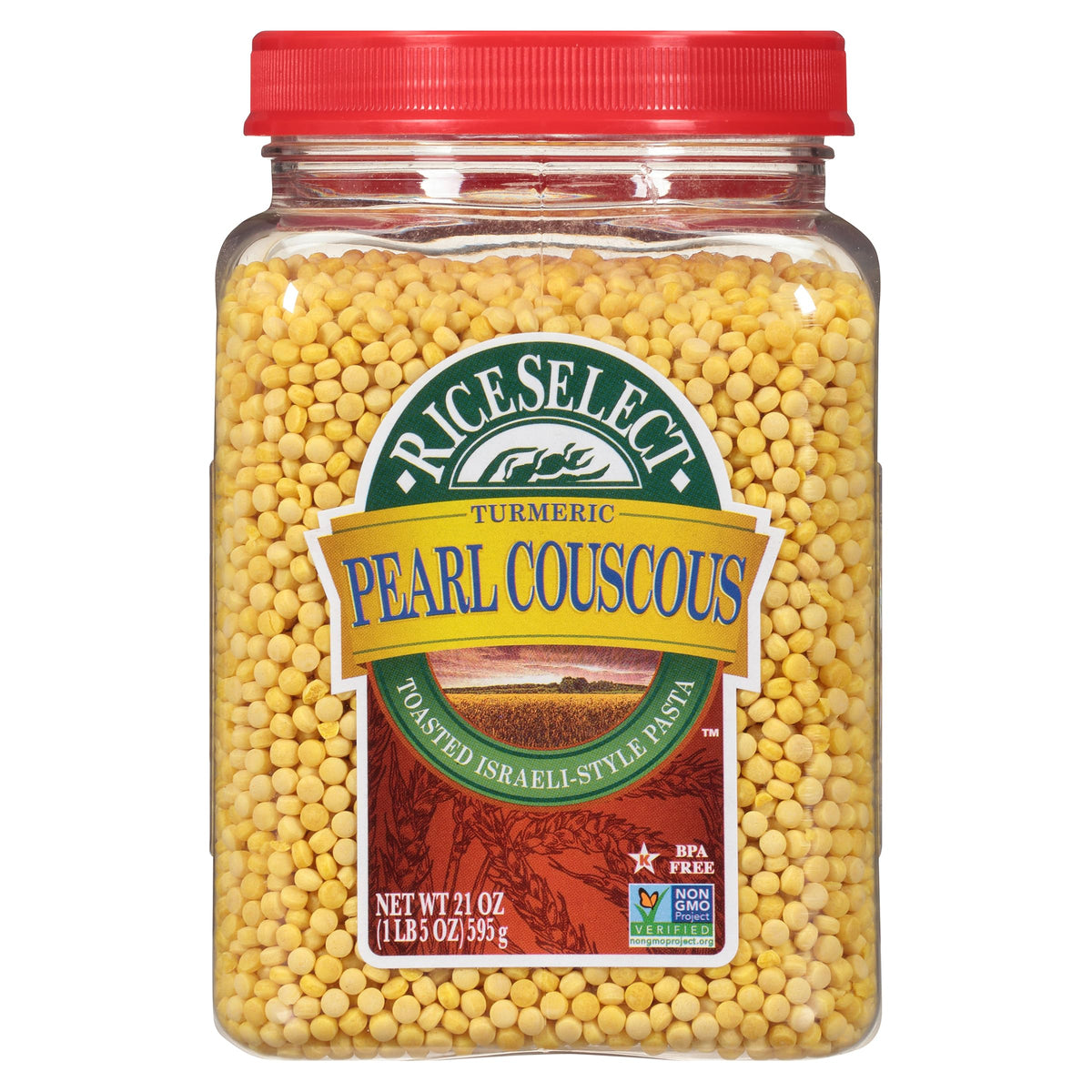 RiceSelect Pearl Couscous with Turmeric jar on shelf for premium, versatile meals