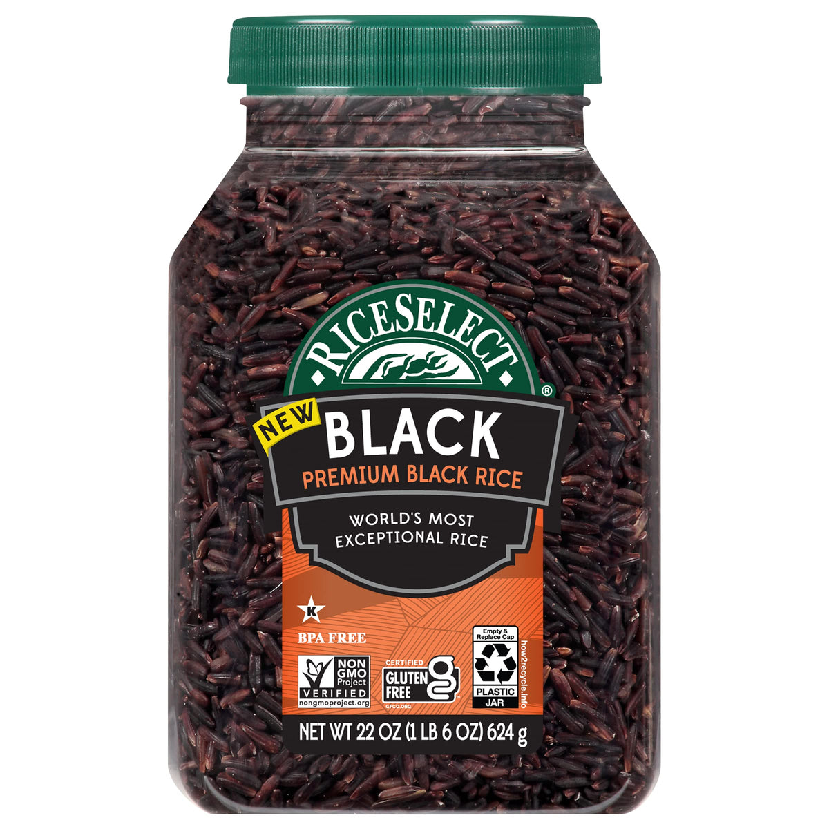 RiceSelect Premium Black Rice in a clear BPA-free jar, ready for nourishing meals.