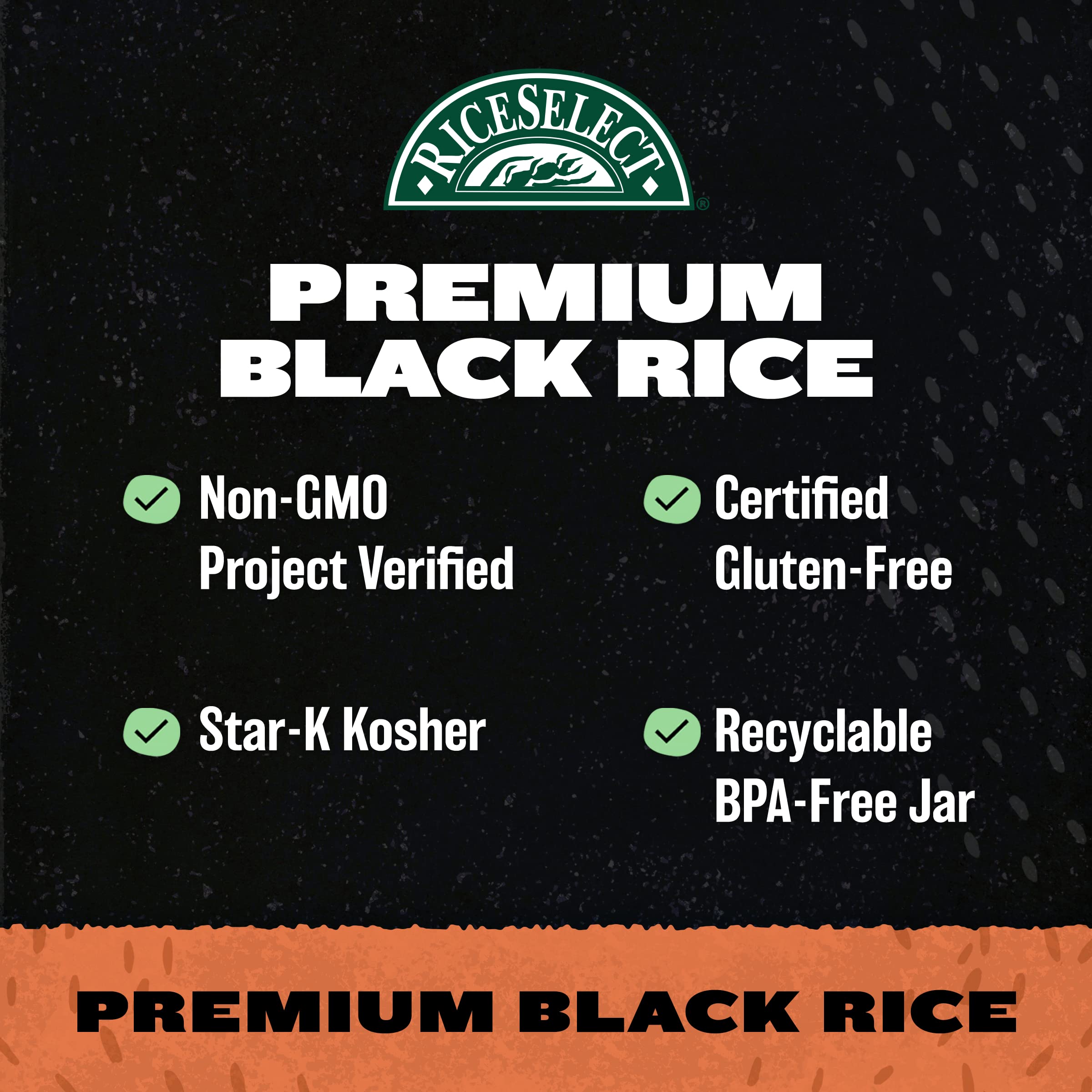 Close-up of RiceSelect Black Rice in a BPA-free jar highlights premium packaging.