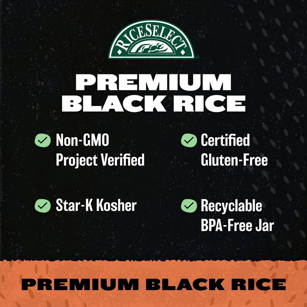 Close-up of RiceSelect Black Rice in a BPA-free jar highlights premium packaging.