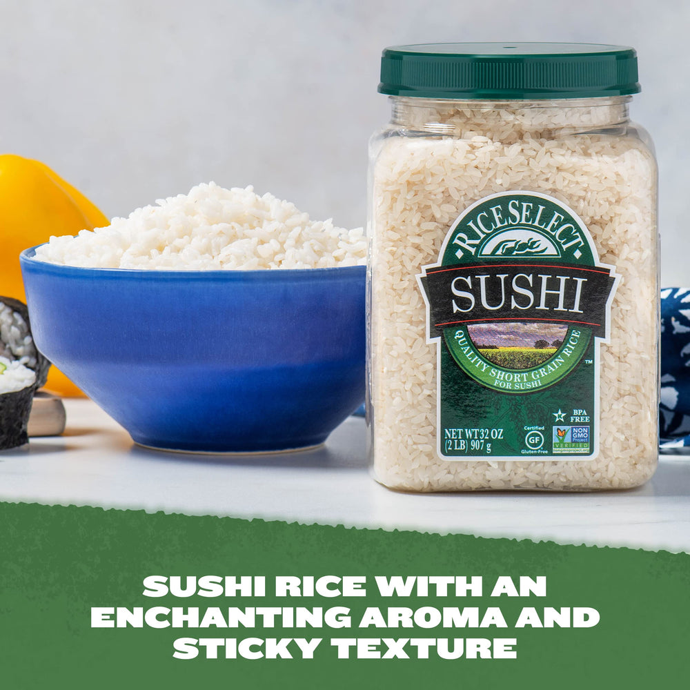 RiceSelect sushi rice jar packaging on pantry shelf