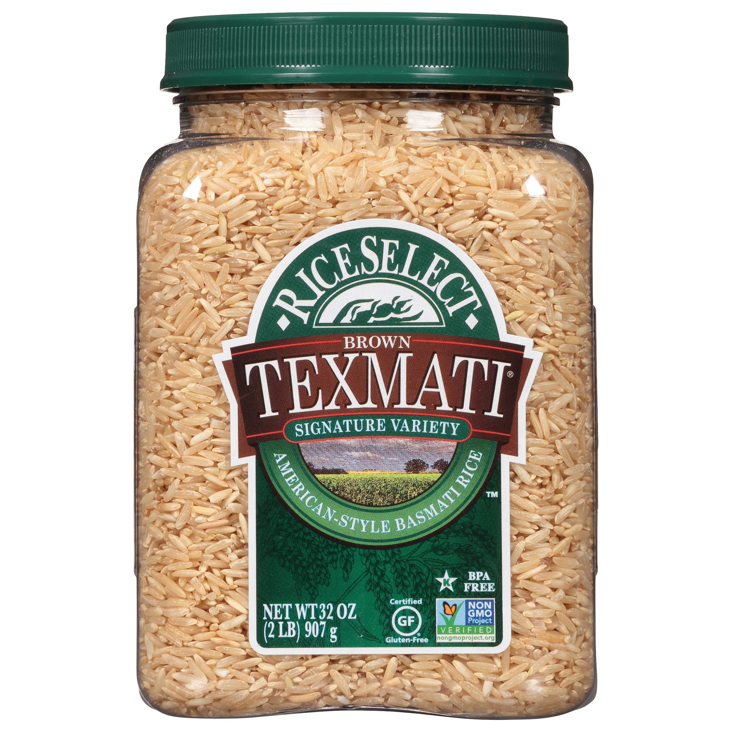 Cooked Texmati Brown Rice grains appear fluffy and distinct, ideal for bowls or salads.