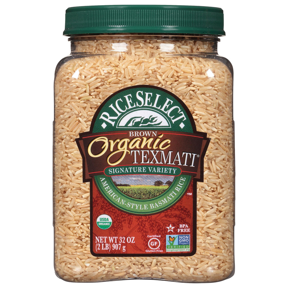 RiceSelect Texmati Brown Rice jar showing premium packaging for gluten-free, non-GMO grains ready to cook.