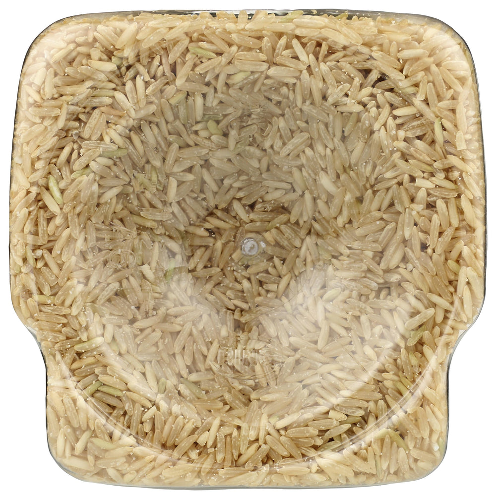 Nutrition panel highlights protein, fiber, and iron per serving in Texmati Brown Rice.