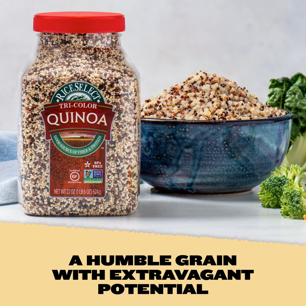 RiceSelect Tri-Color Quinoa closeup grains showcase red, white, and black quinoa