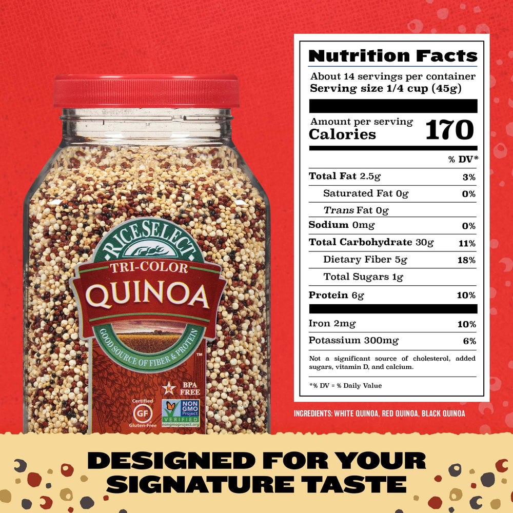 RiceSelect Tri-Color Quinoa jar label highlights gluten-free, non-GMO, and kosher attributes