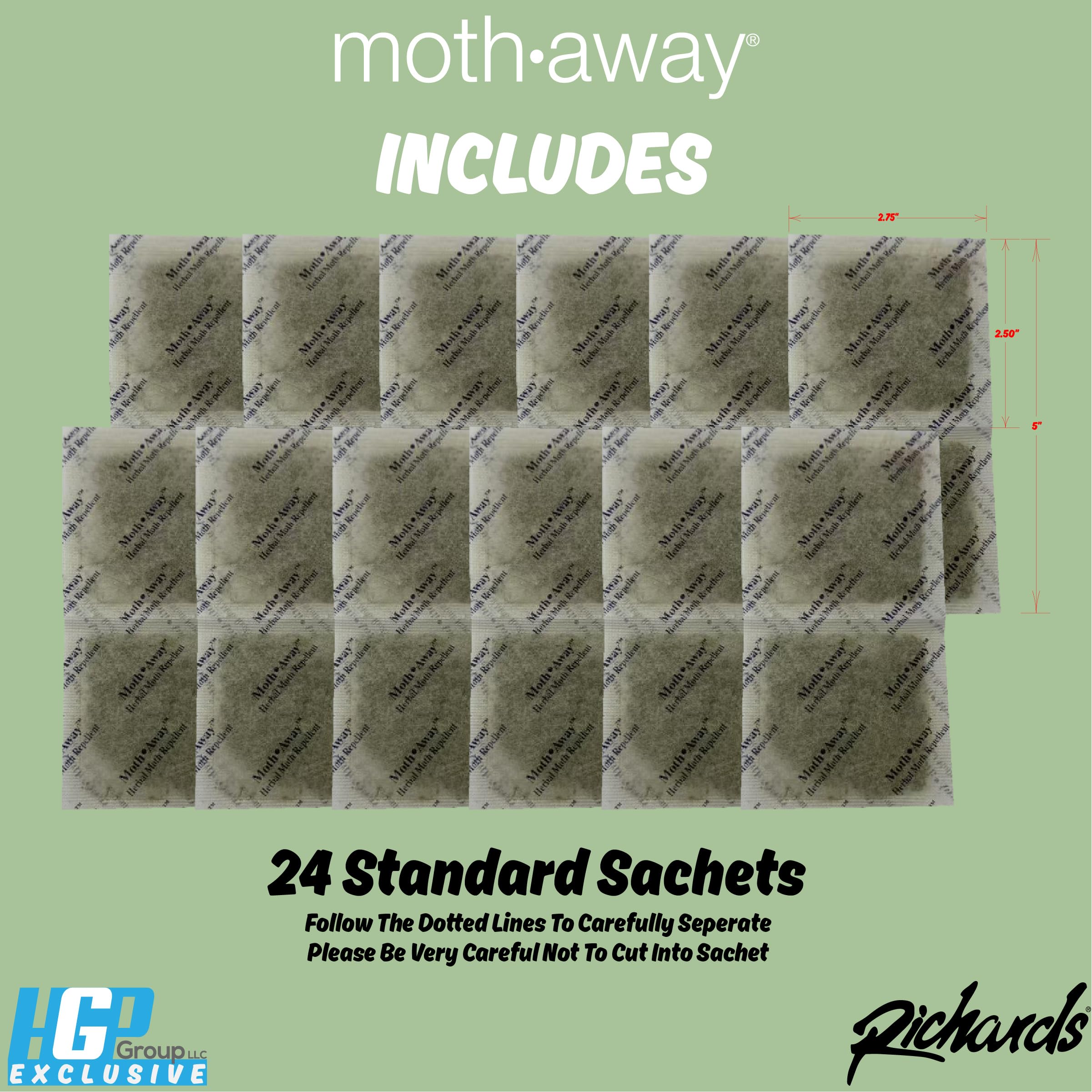 Richards Moth Away sachets arranged in a garment bag for protection