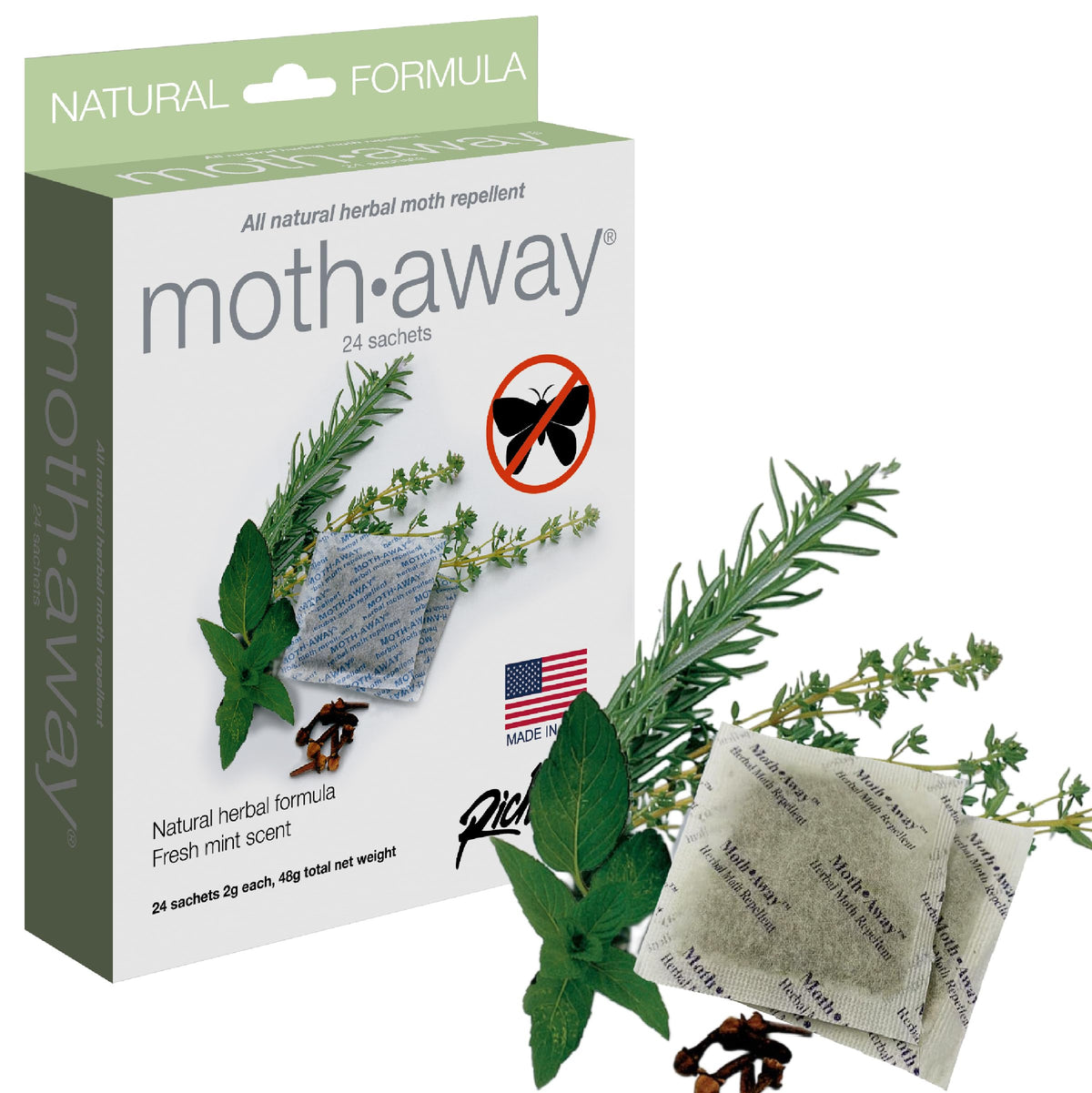 Richards Moth Away sachets packaging highlights natural herbs for safe storage
