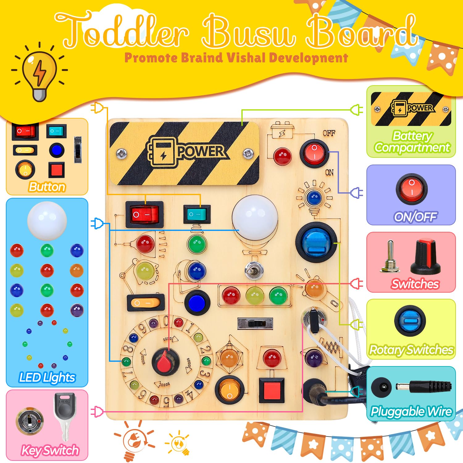 RichBoy Busy Board features 24 LED lights for engaging sensory play