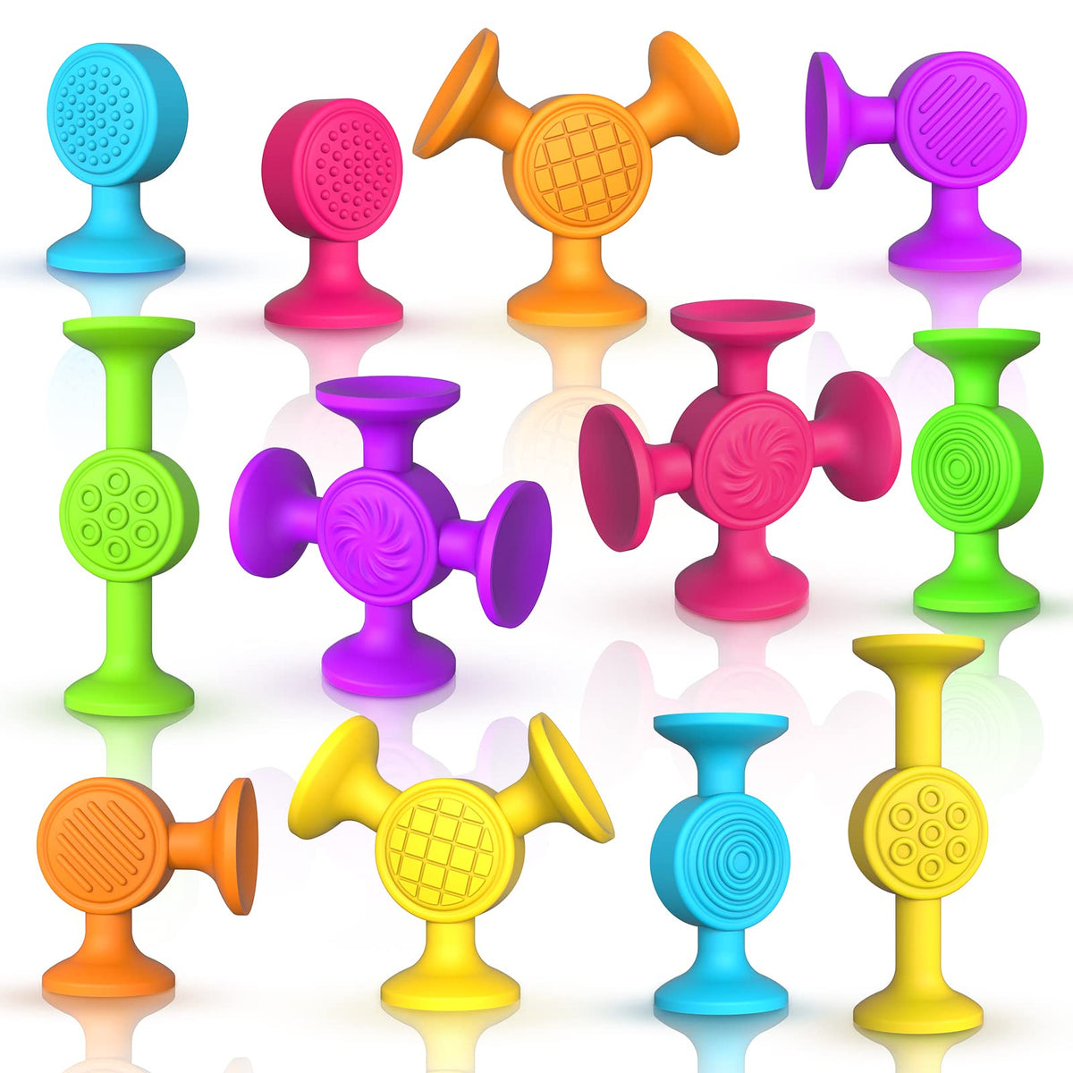 Richtim 12-piece Toddlers Suction Cup Bath Toys on tub surface for stacking and imaginative play
