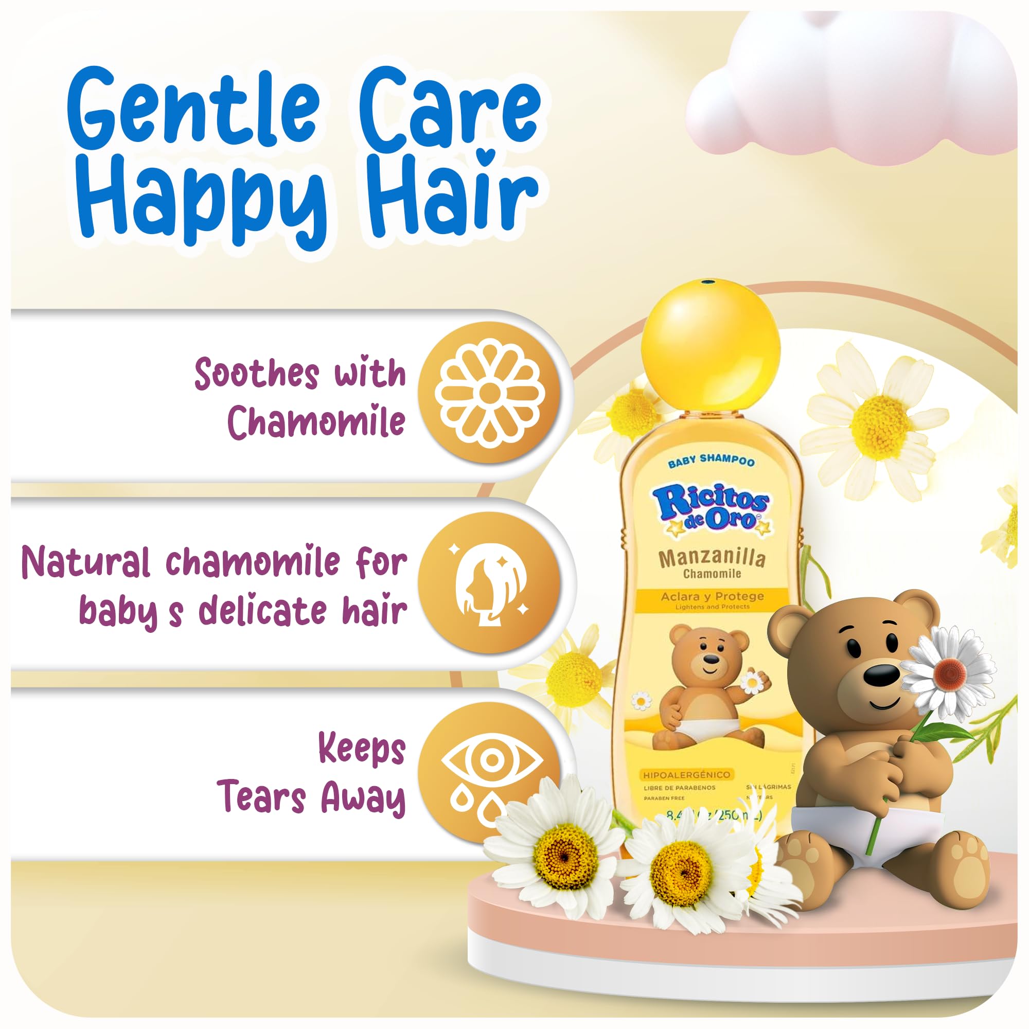 Hypoallergenic formula shown on Ricitos de Oro shampoo bottle.