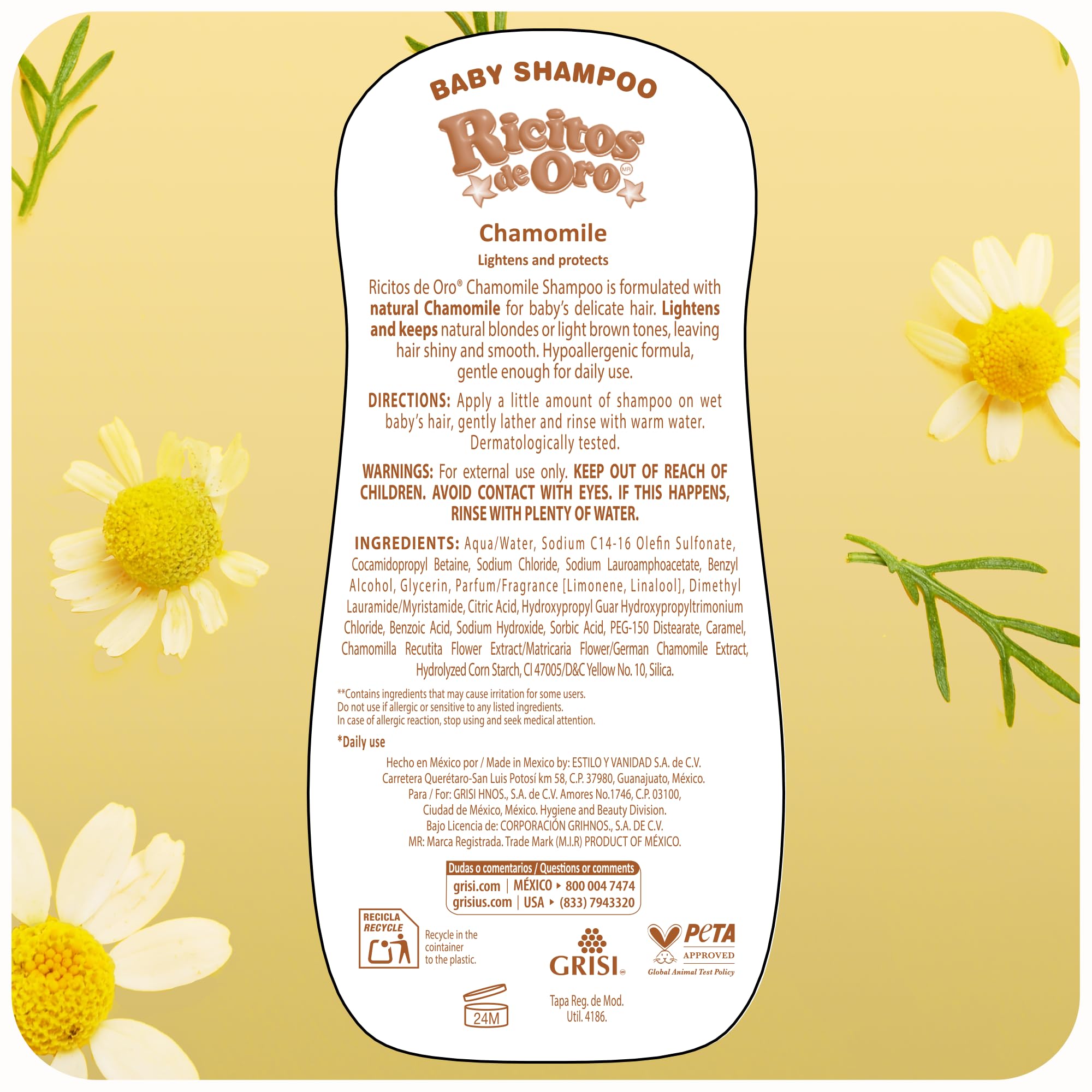 Baby bath scene with Ricitos de Oro shampoo packaging.
