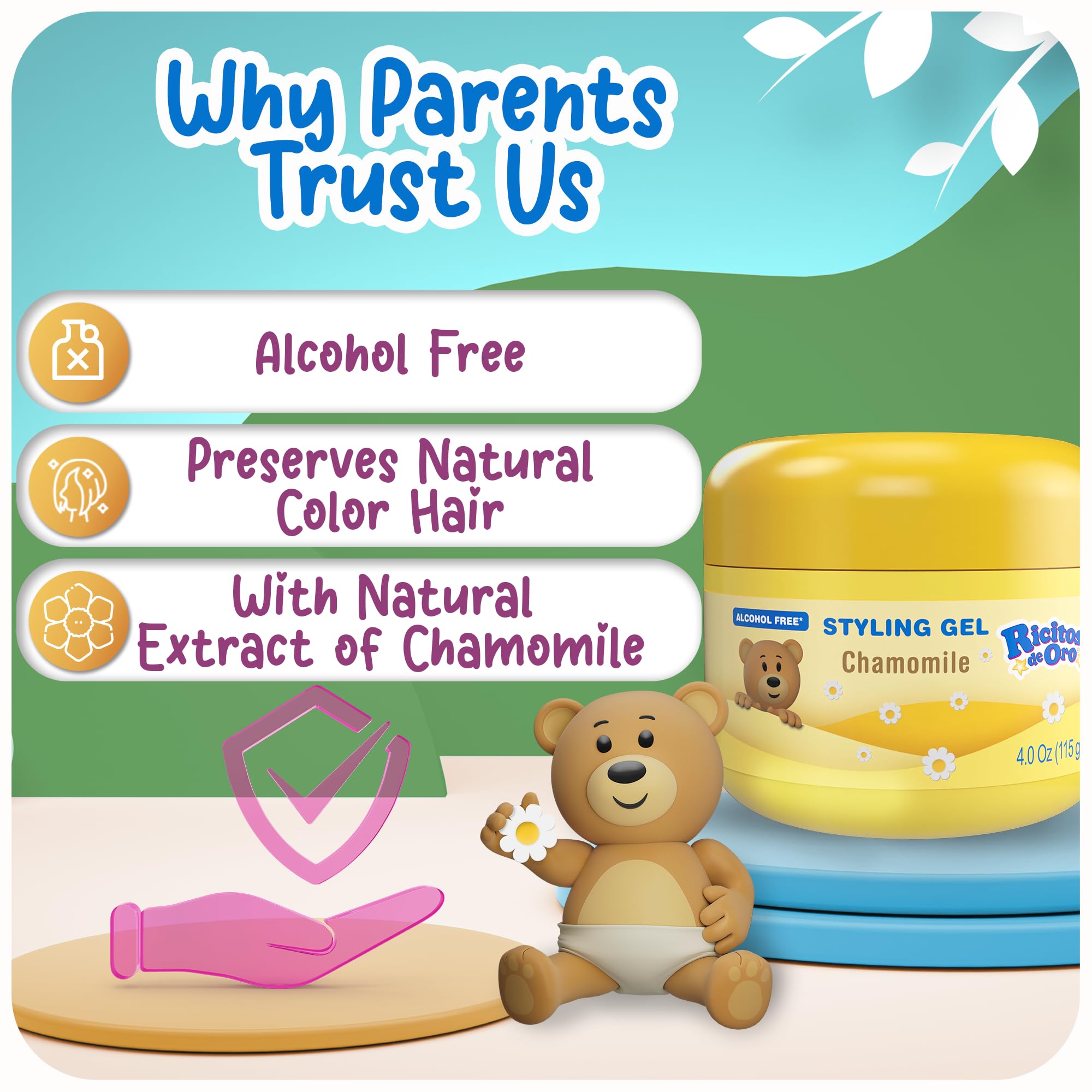 Alcohol-free Ricitos de Oro Chamomile Hair Gel keeps hair hydrated