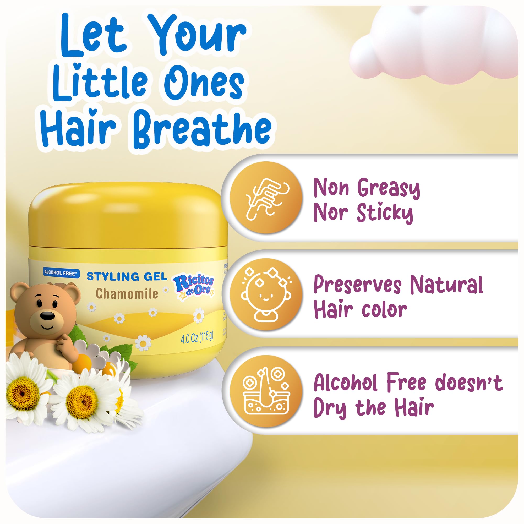 Child-friendly Ricitos de Oro Chamomile Hair Gel application on hair