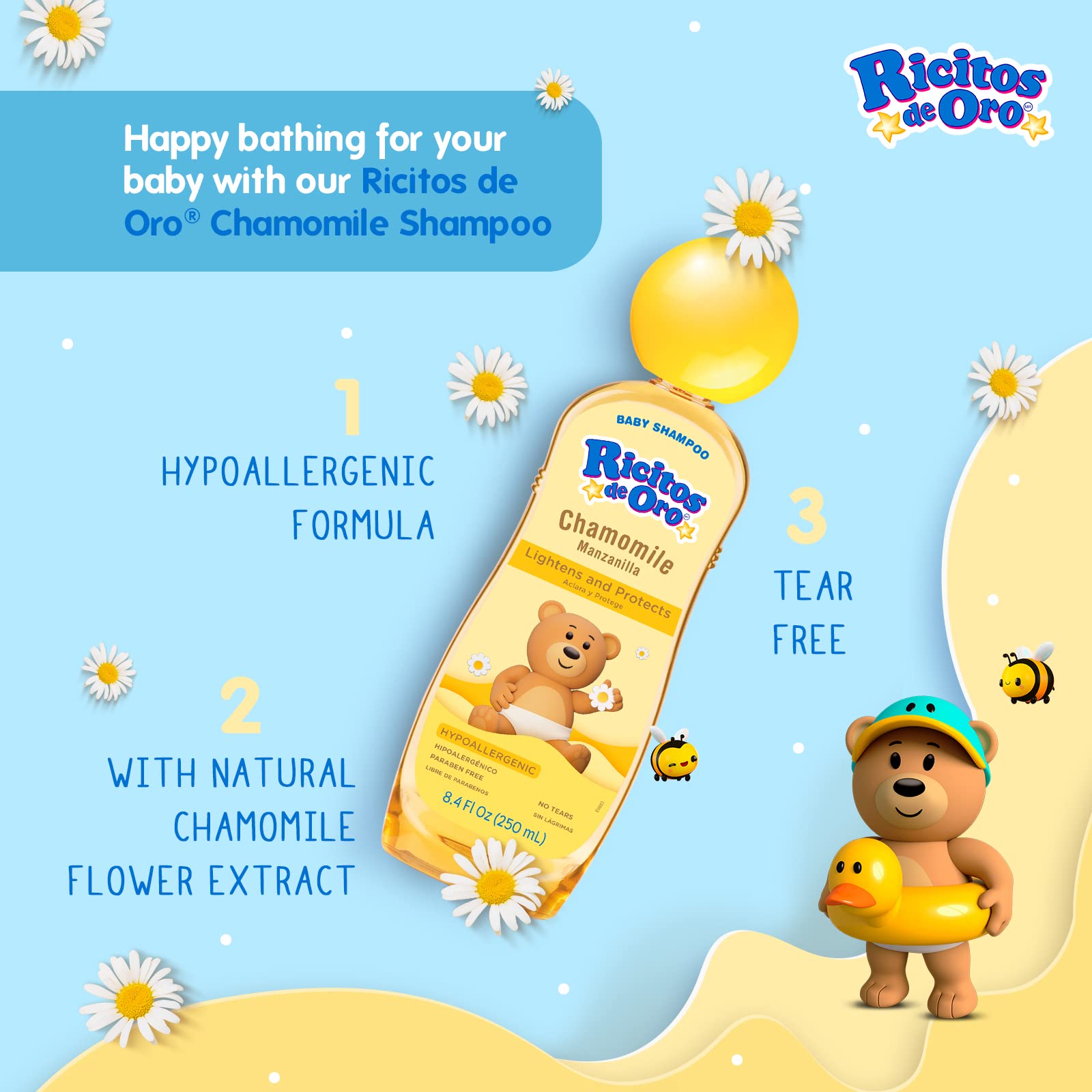 Bath time scene with Ricitos de Oro Chamomile Shampoo in a gentle care setting