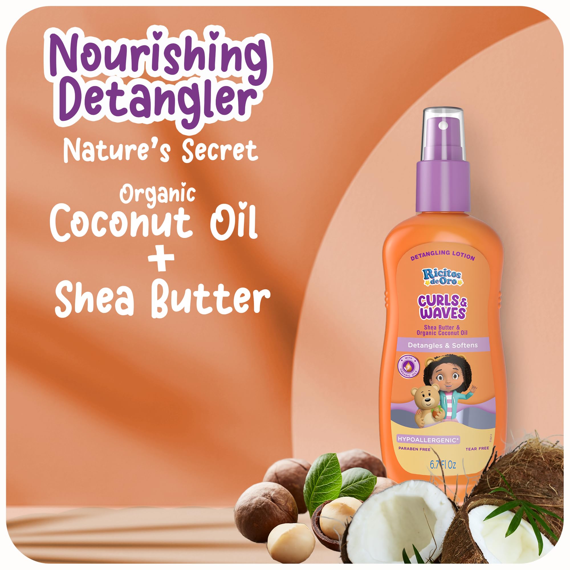 Ricitos de Oro detangler showing lightweight formula on hair for bounce and volume