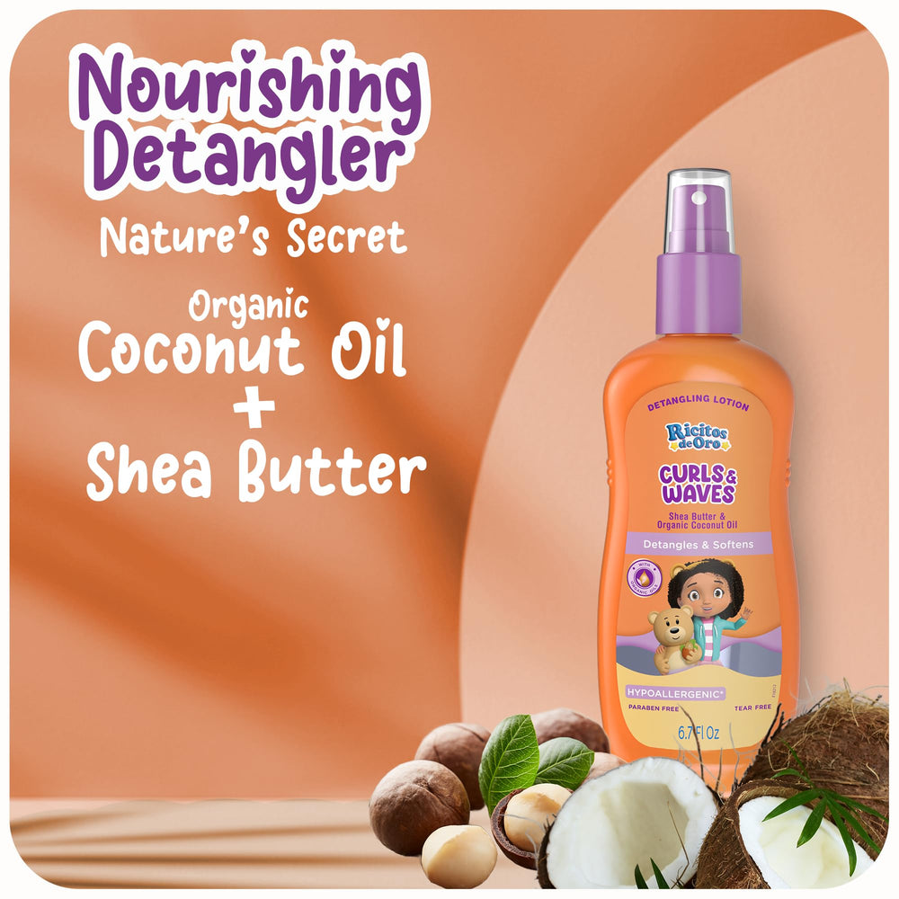 Ricitos de Oro detangler showing lightweight formula on hair for bounce and volume