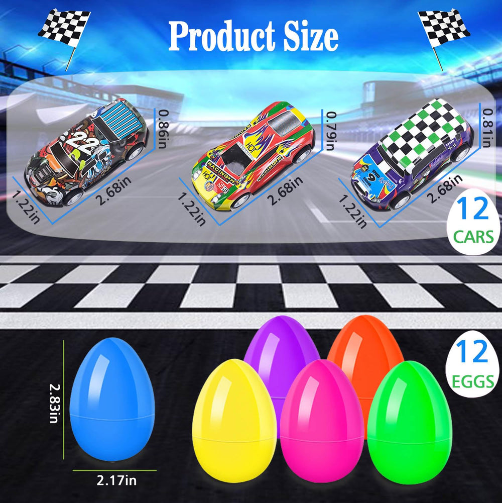 Prefilled Ricluck eggs featuring toy cars ready for Easter baskets