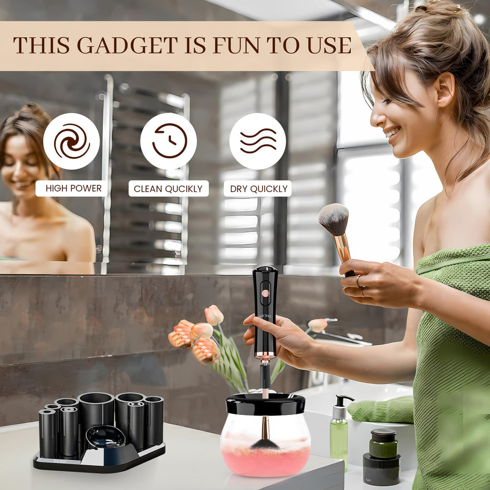 RICRIS deep cleans makeup brushes of powder, foundation, and concealer.