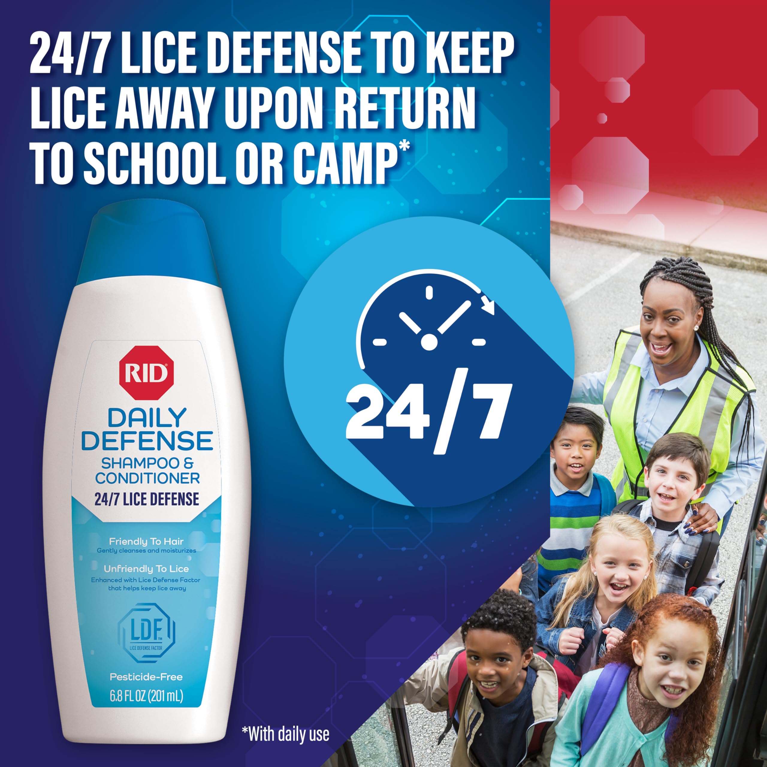 RID Daily Defense shampoo bottle demonstrates ongoing 24/7 lice defense