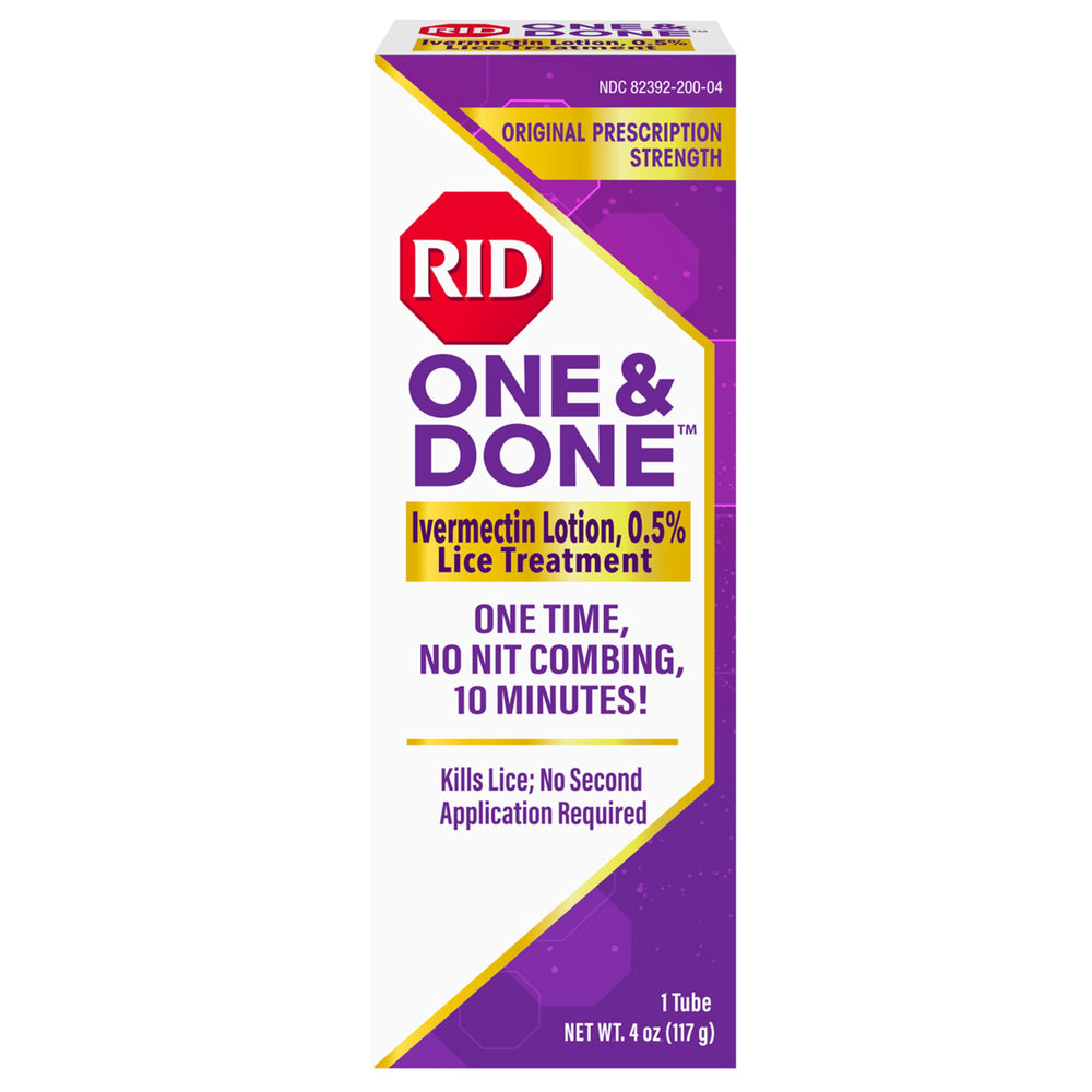 RID One and Done ivermectin lotion bottle for quick lice treatment at home.