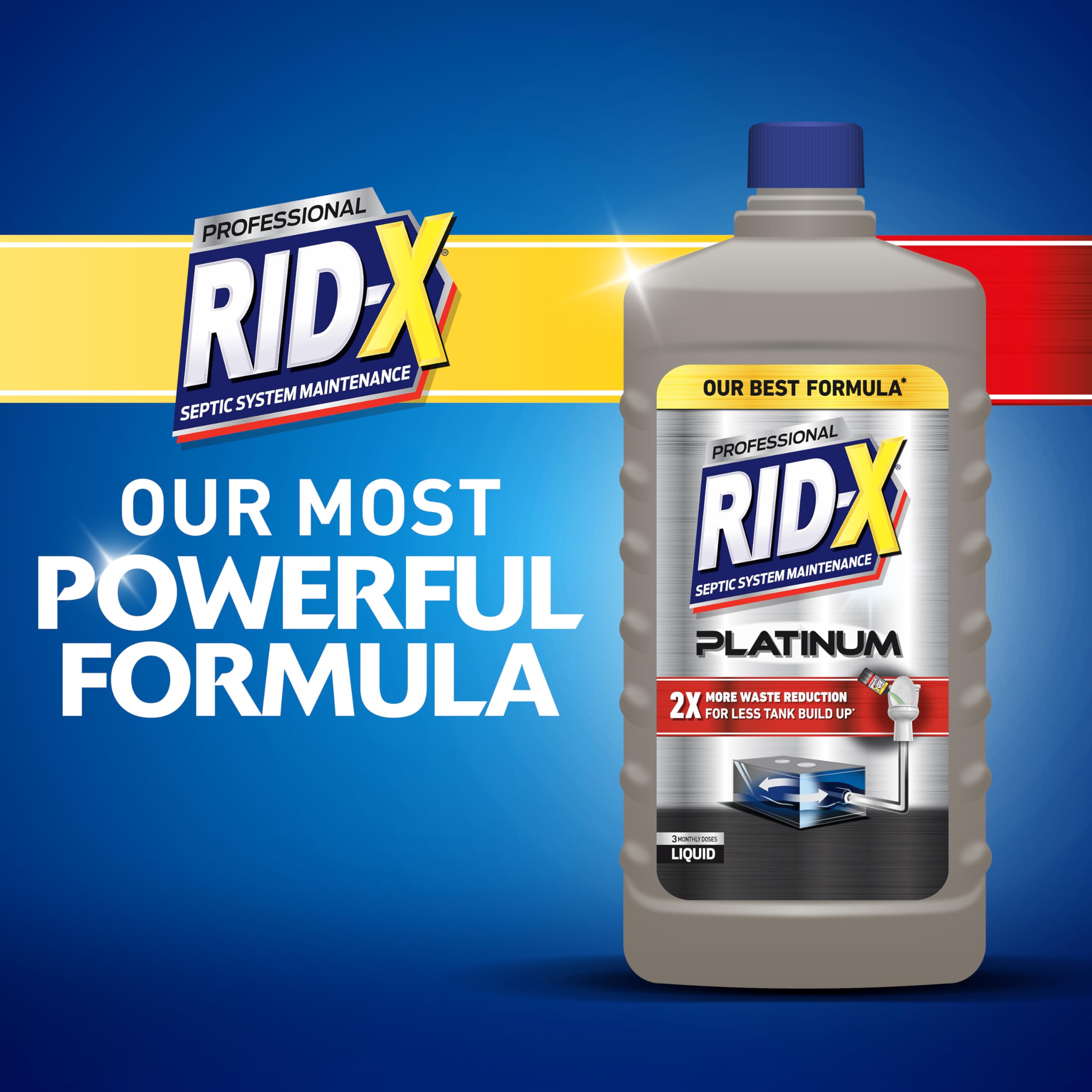 Rid-X Platinum Liquid being poured into a toilet for waste breakdown