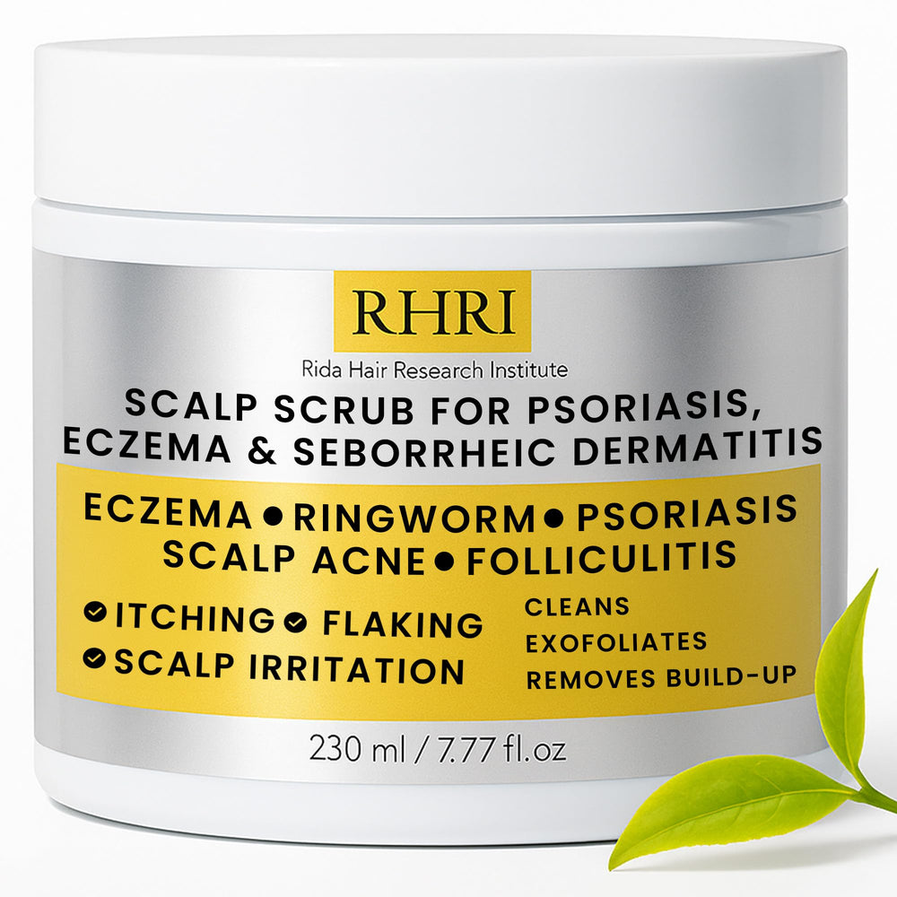 Rida Anti-Fungal Scrub bottle highlights scalp cleansing and balance