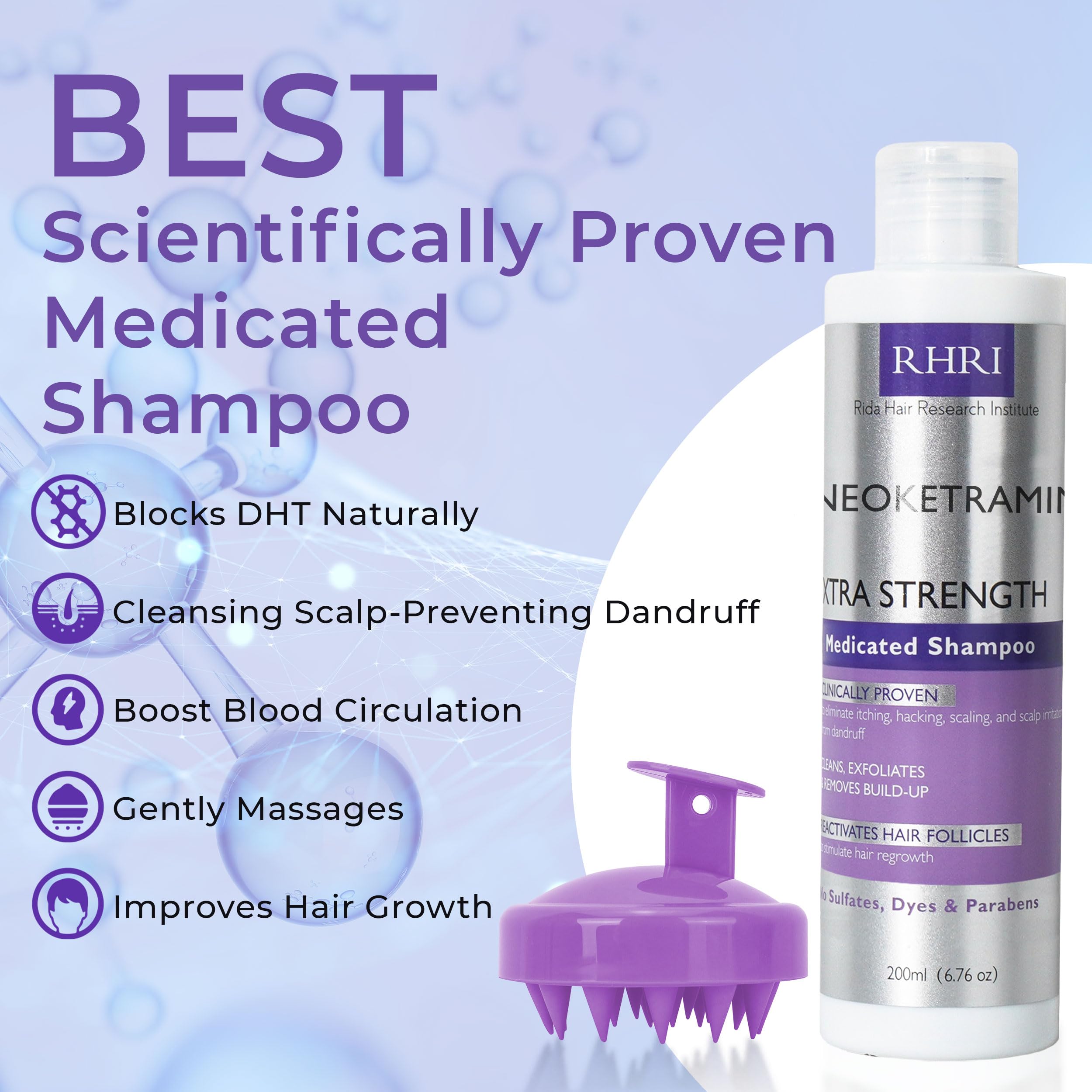 Rida Hair Antifungal Shampoo label closeup — medicated formula and key ingredients highlighted.