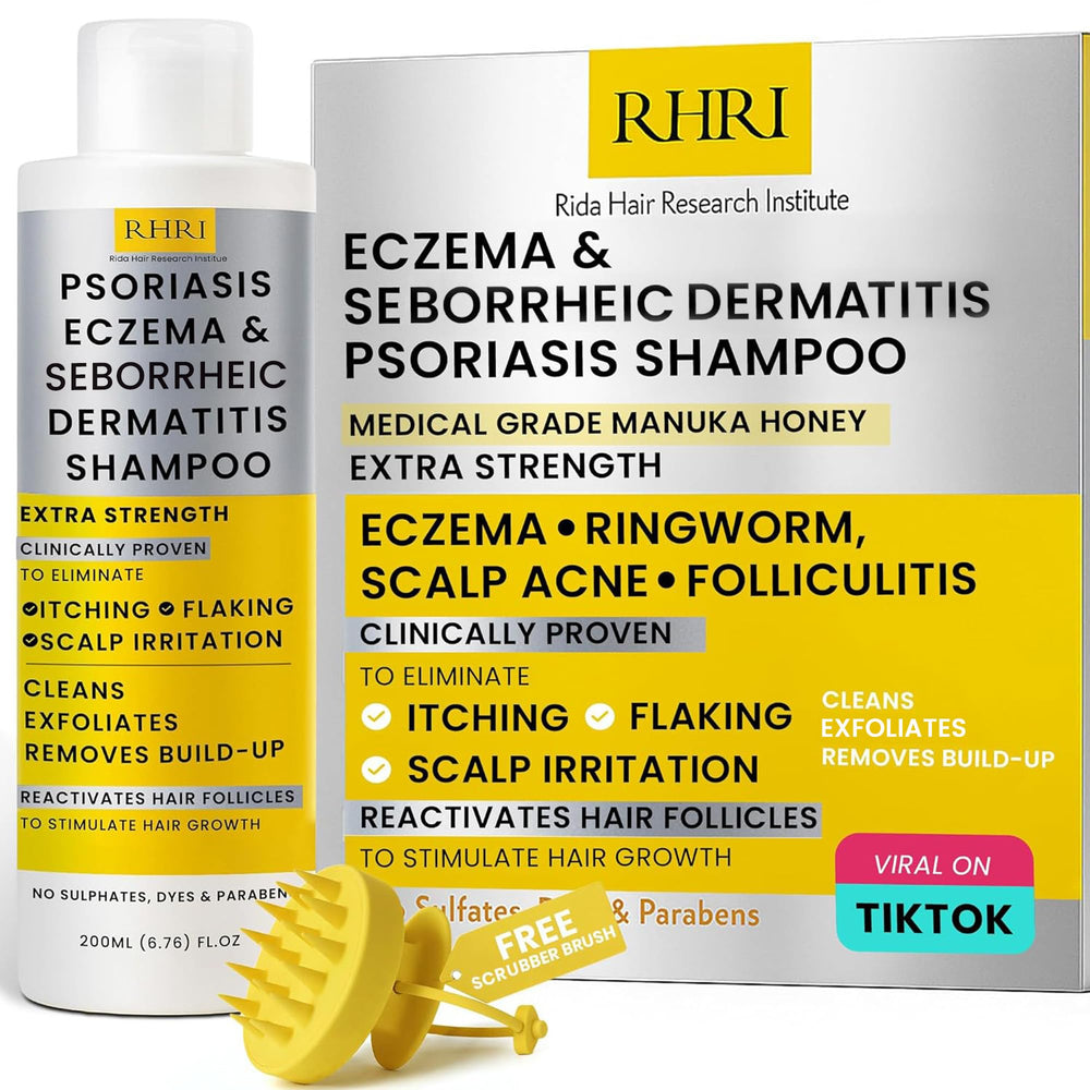 Rida Hair Psoriasis Shampoo bottle with Manuka Honey for soothing scalp relief.