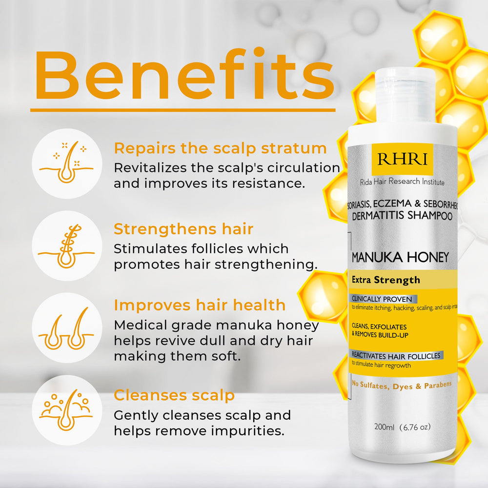 Rida Hair Psoriasis Shampoo ingredients showcase Manuka Honey for natural scalp nourishment.