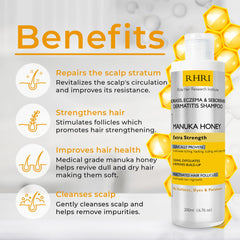 Rida Hair Psoriasis Shampoo ingredients showcase Manuka Honey for natural scalp nourishment.