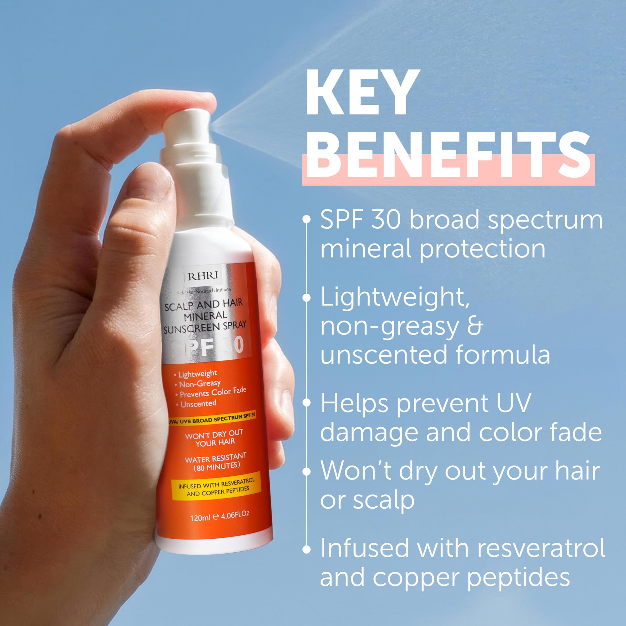 Rida Hair Research Institute beach-ready spray for outdoor sun protection.