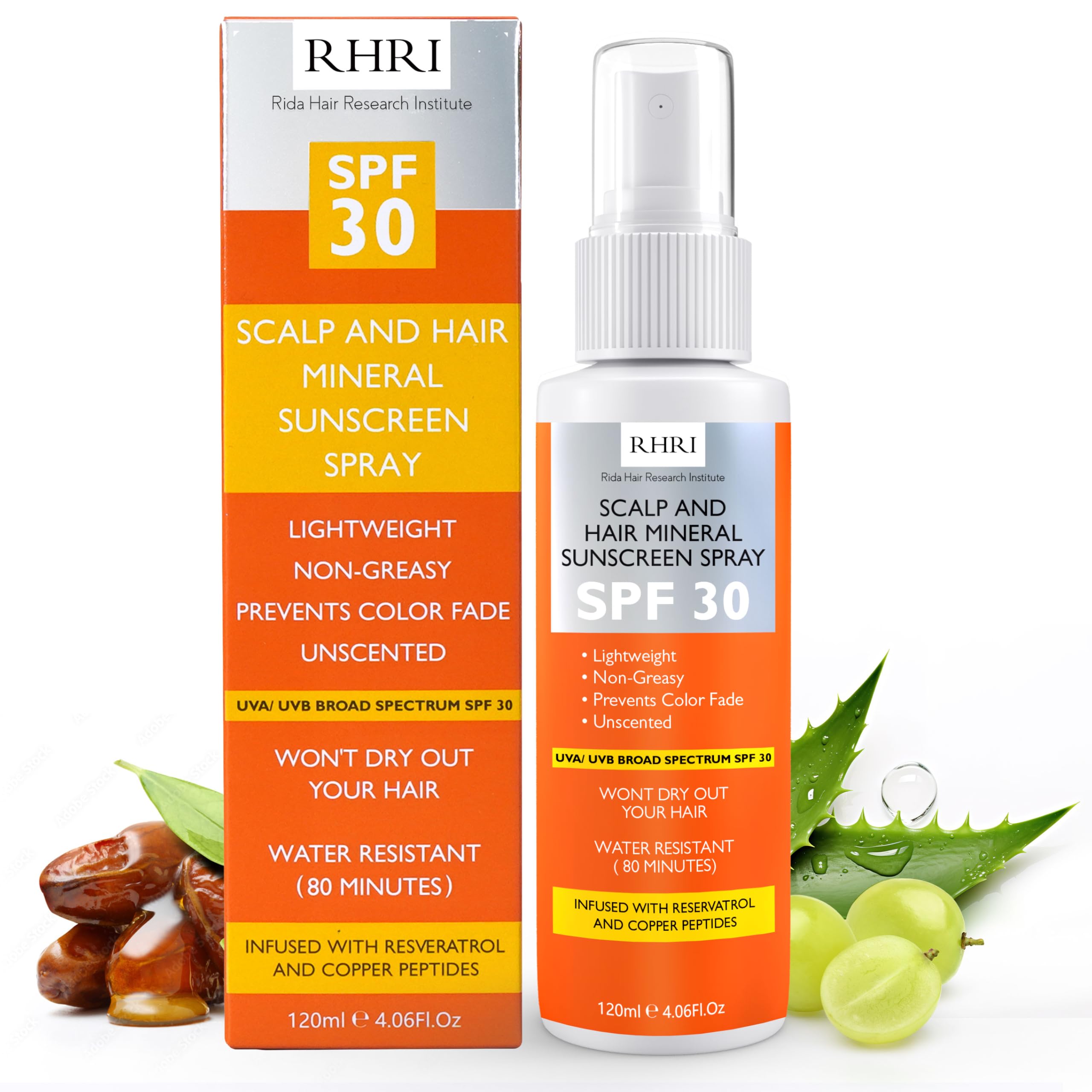 Rida Hair Research Institute premium SPF30 spray bottle provides hair UV protection.