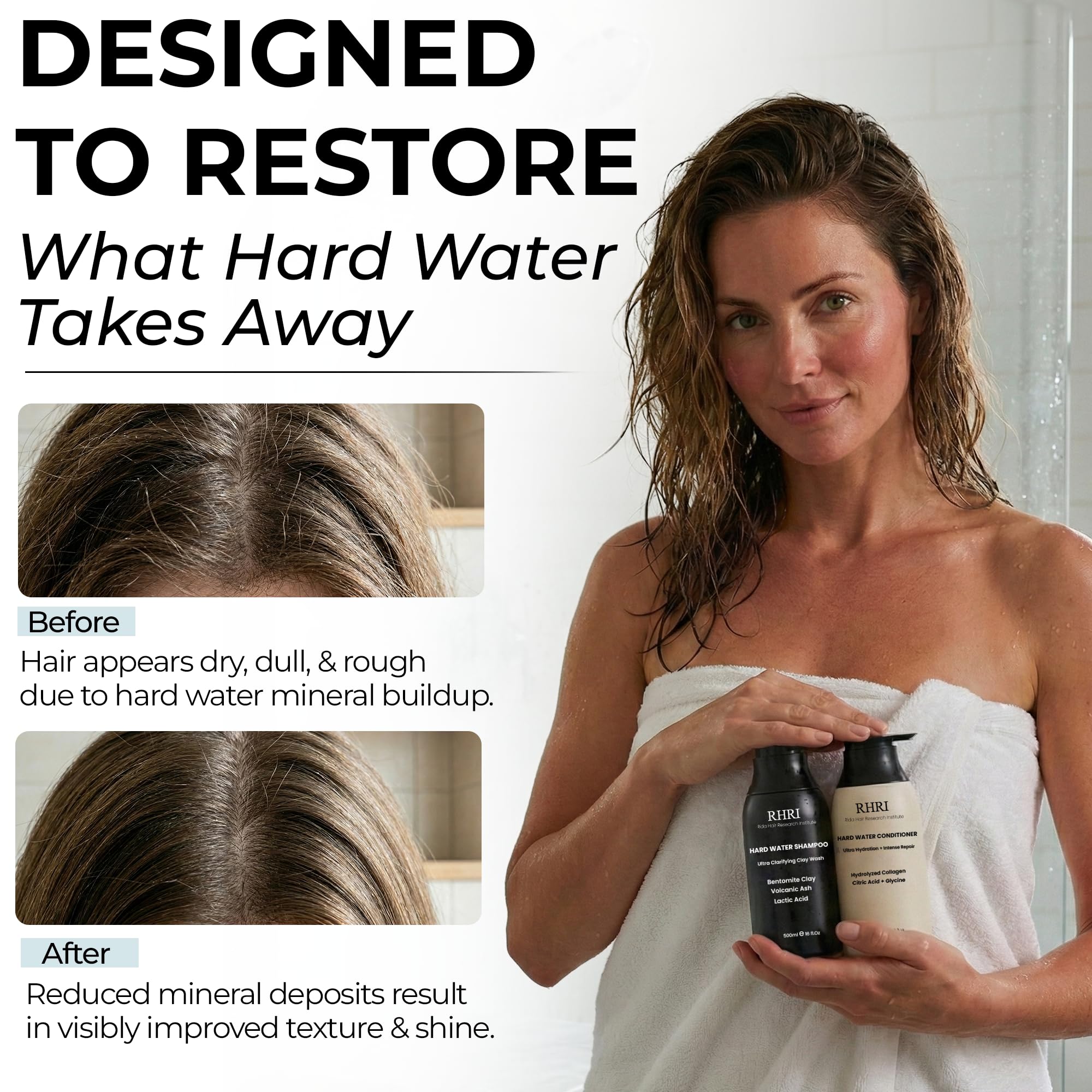 Rida Hard Water Shampoo and Conditioner bottles on display for all hair types.