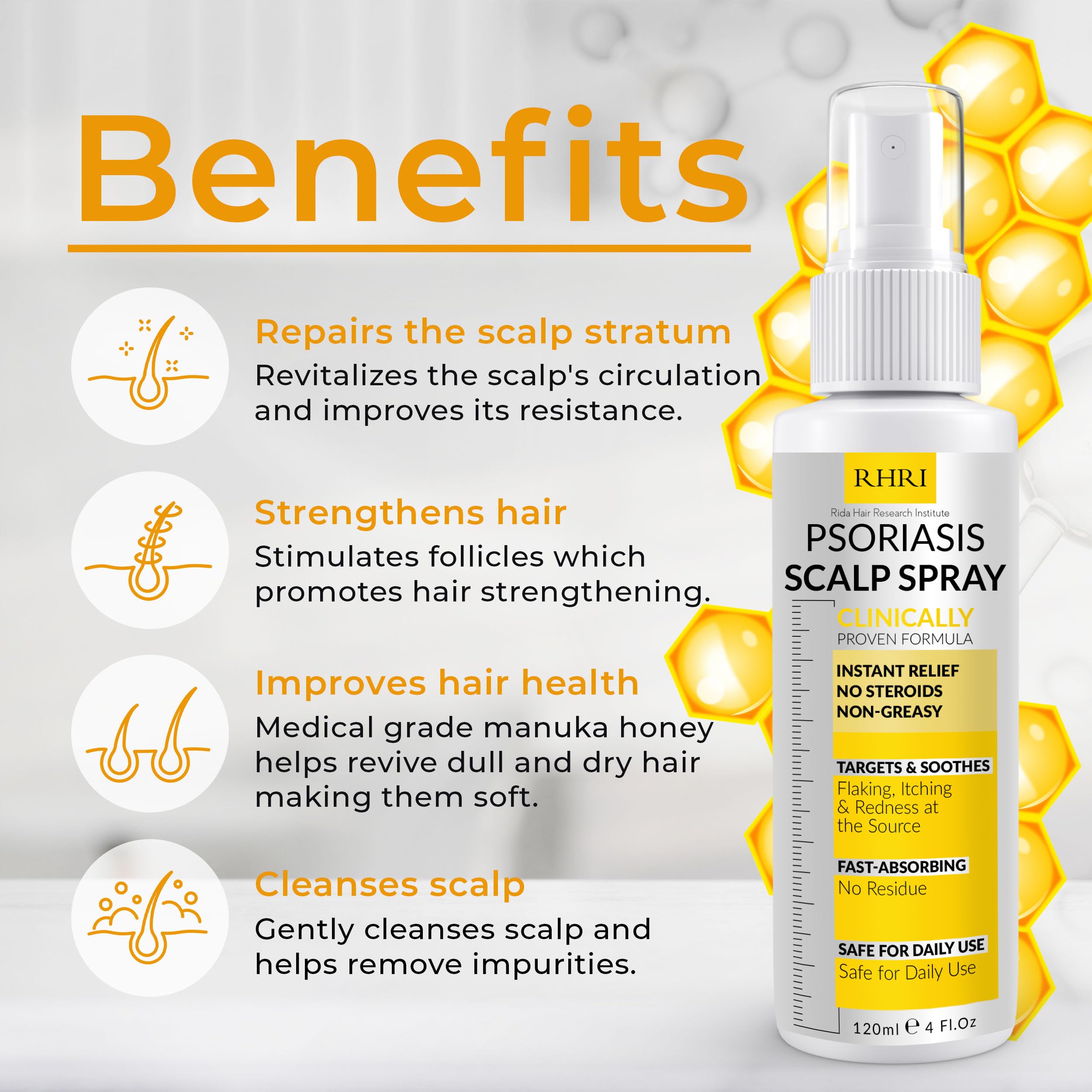 Rida Psoriasis Scalp Spray application demonstrates mess-free daily relief.