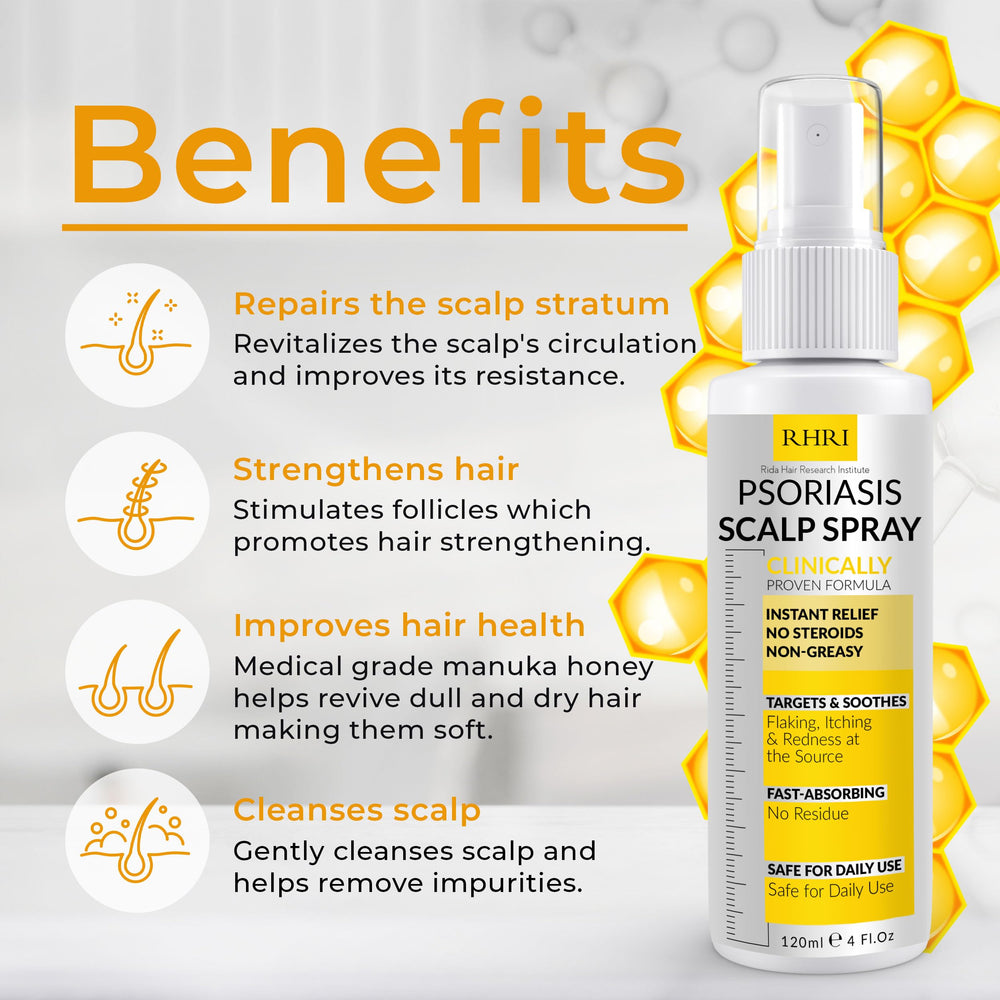 Rida Psoriasis Scalp Spray application demonstrates mess-free daily relief.