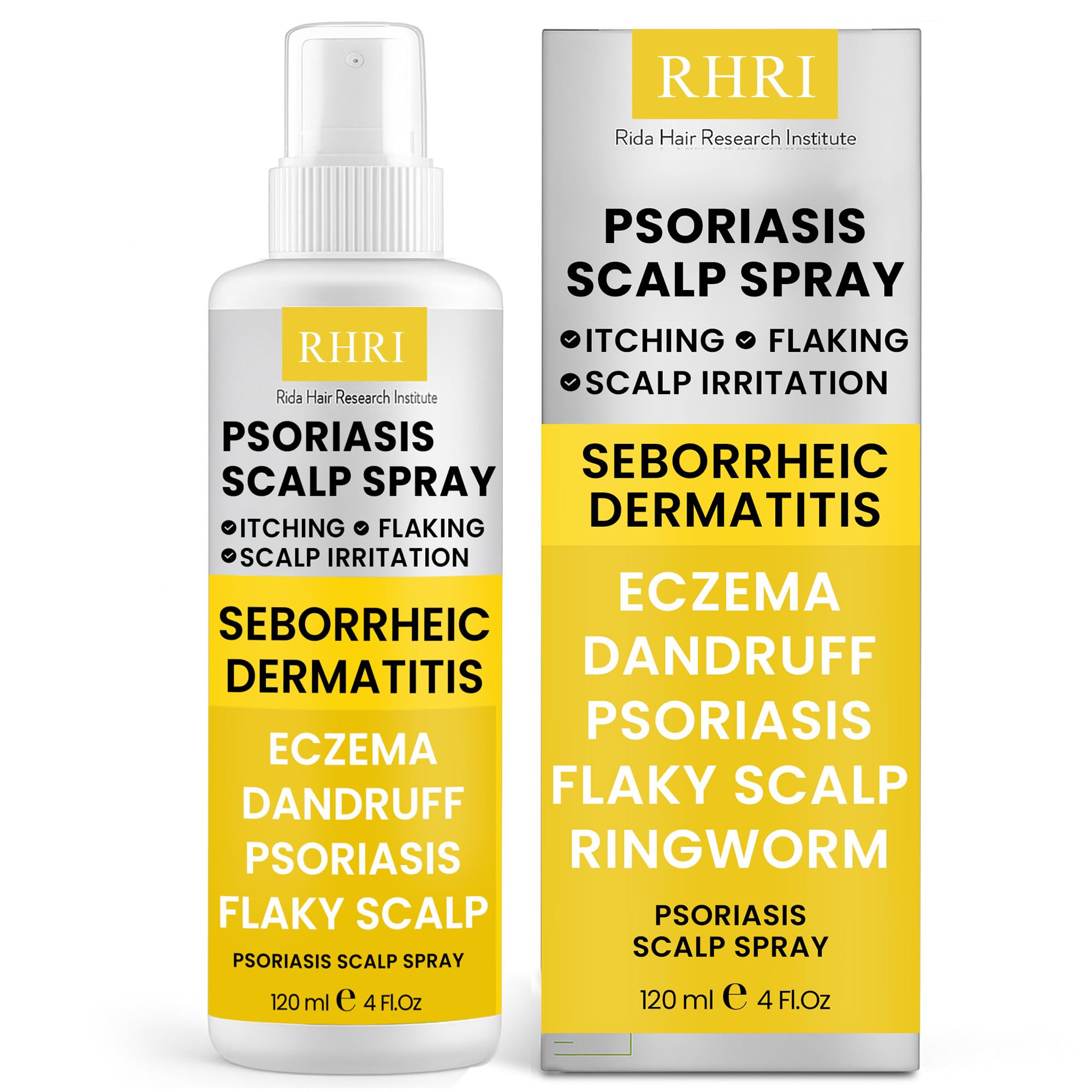 Rida Psoriasis Scalp Spray bottle enables precise application for targeted scalp relief.