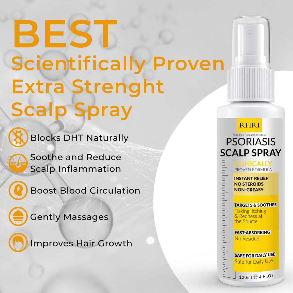 Rida Psoriasis Scalp Spray closeup highlights gentle, protective mist for irritated scalps.