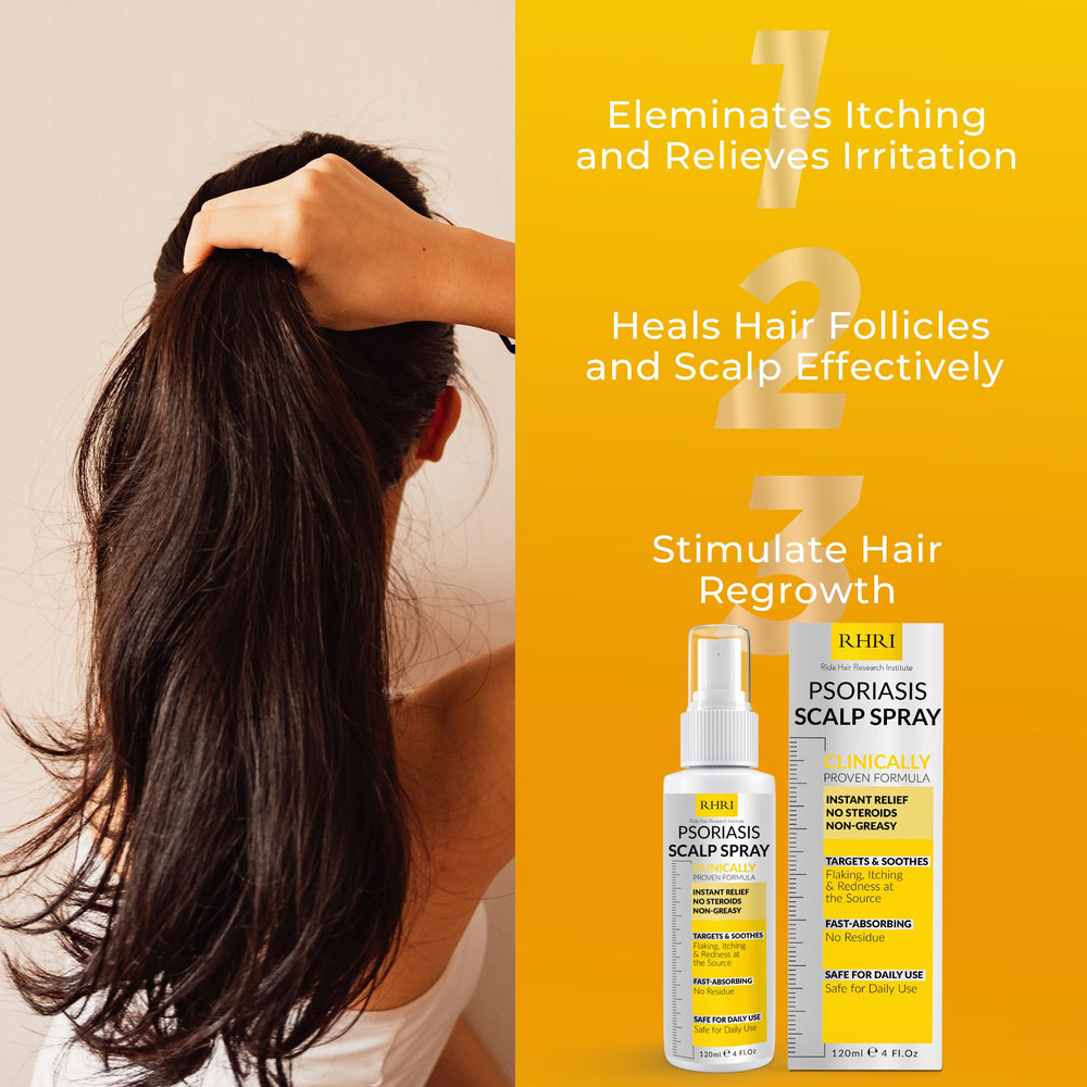 Rida Psoriasis Scalp Spray lifestyle shot suggests easy daily routine for scalp care.