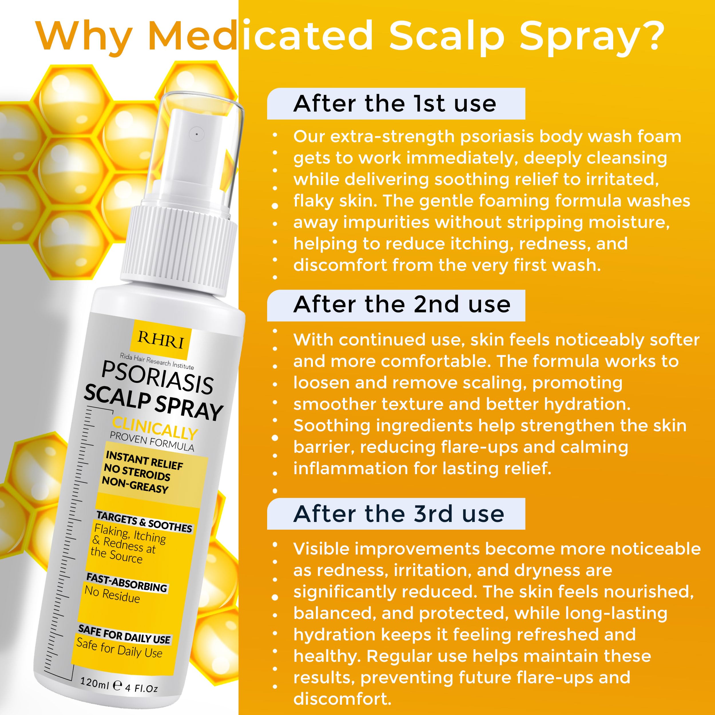 Rida Psoriasis Scalp Spray texture suggests quick drying and comfortable wear.