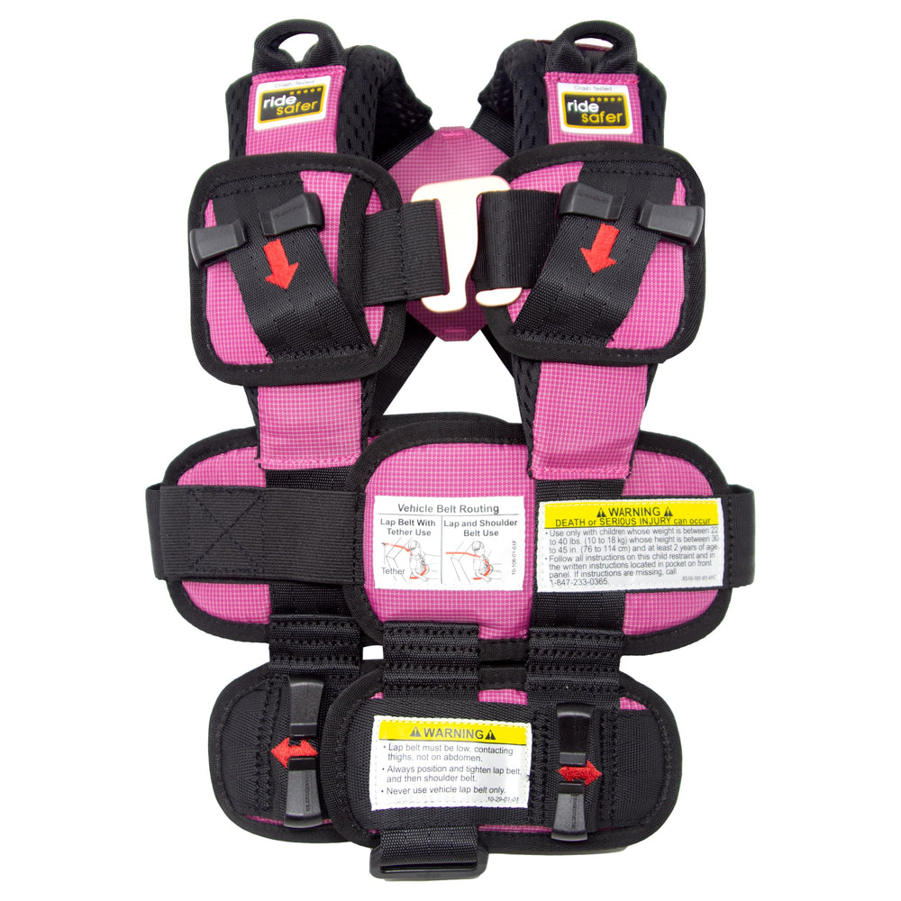 RideSafer Gen 5 XS pink vest worn in car for safer travel