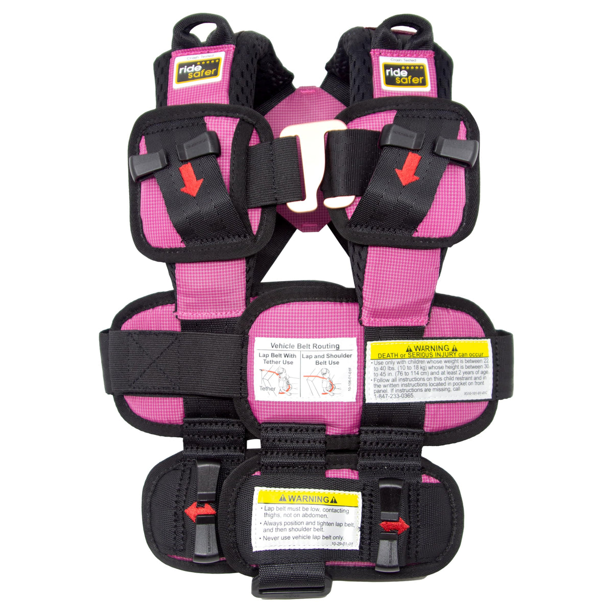 RideSafer Gen 5 XS pink vest worn in car for safer travel