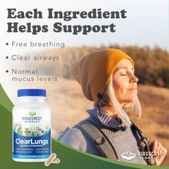 RidgeCrest ClearLungs capsules closeup highlighting vegan formula benefits.