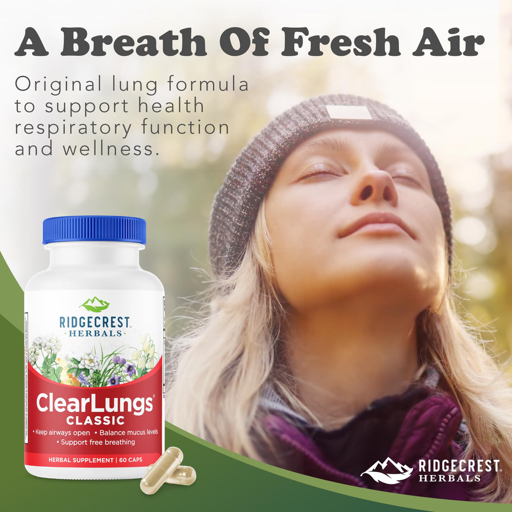 RidgeCrest ClearLungs Classic capsules in hand for daily wellness