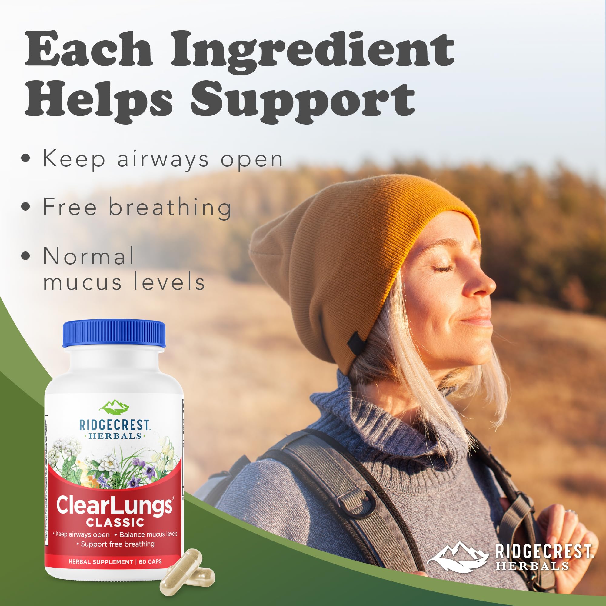 RidgeCrest ClearLungs Classic capsules in hand for daily routine