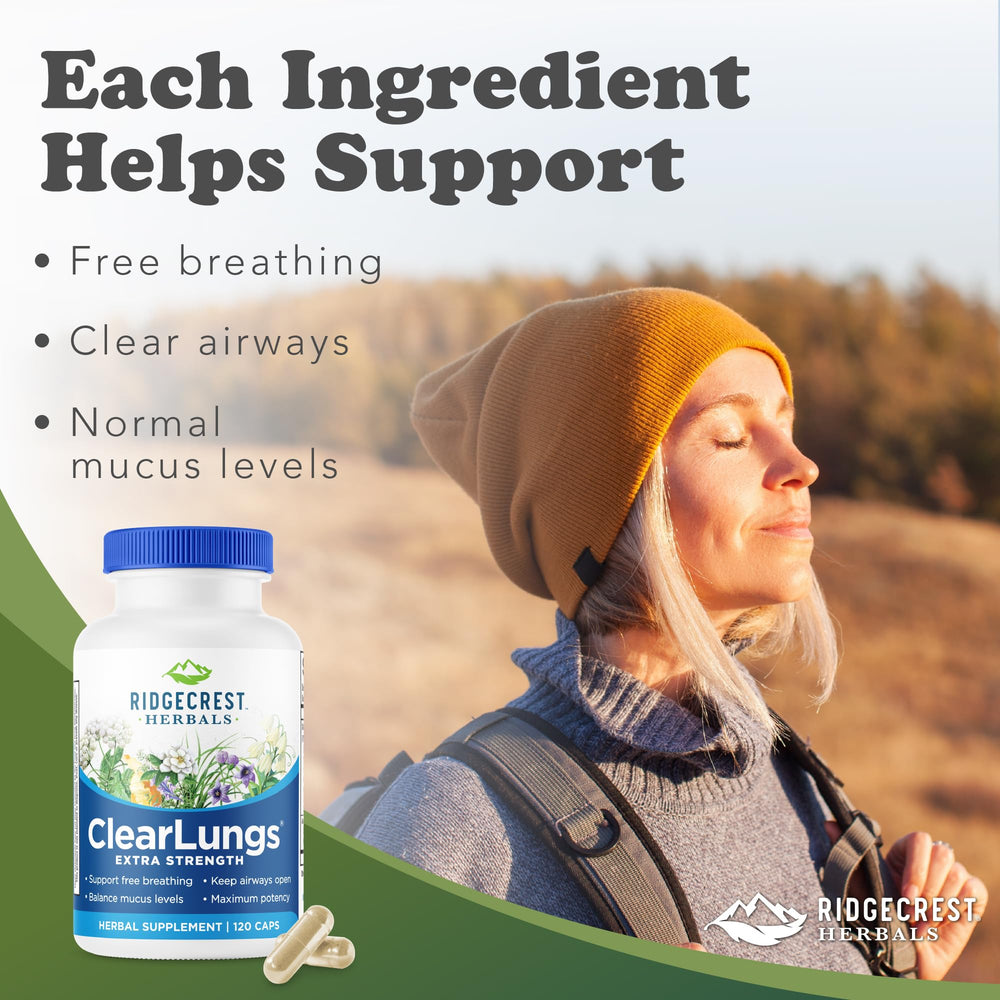 RidgeCrest ClearLungs bottle back shows ingredients and usage guidance.